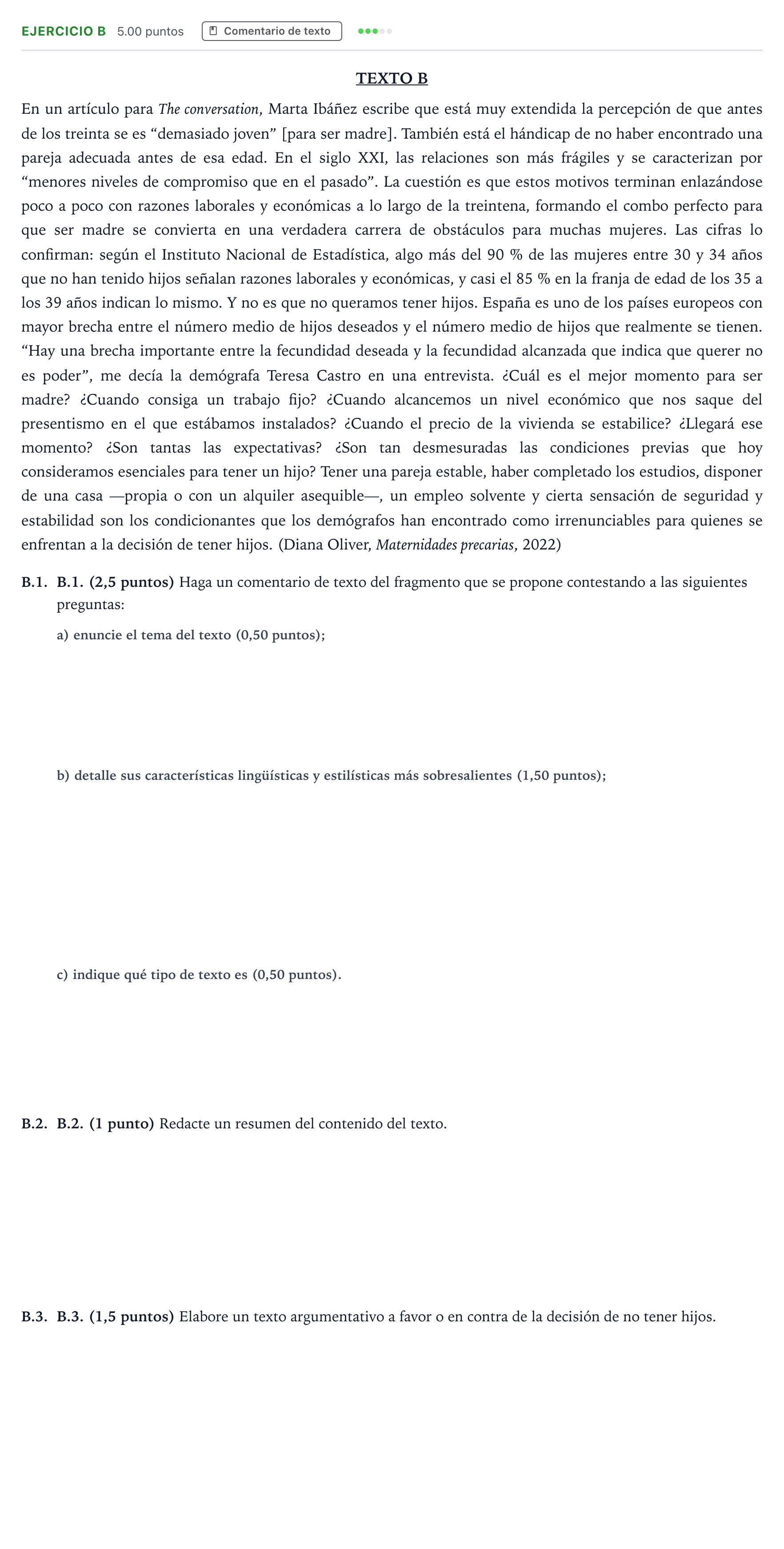 Enunciado: Ejercicio B · Lengua Castellana y Literatura II PAU Madrid Modelo 2024
