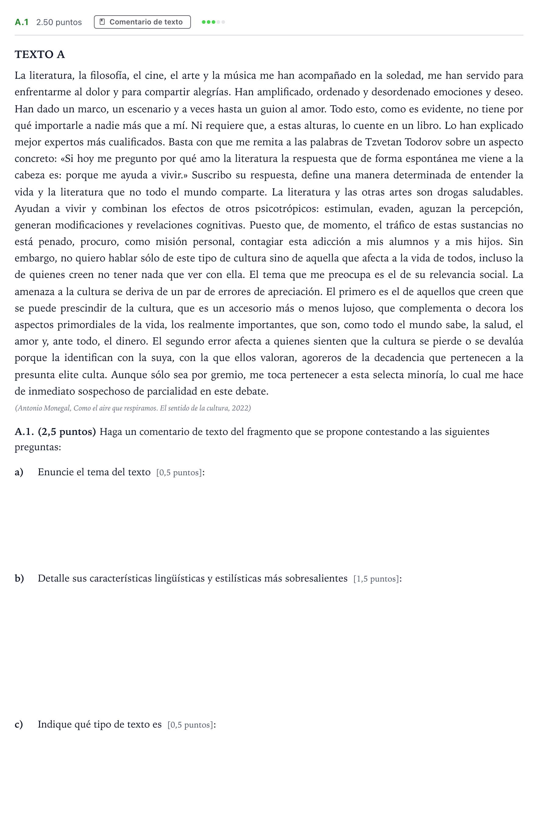 Enunciado: Ejercicio A.1 · Lengua Castellana y Literatura II PAU Madrid Ordinaria Coincidencias 2024