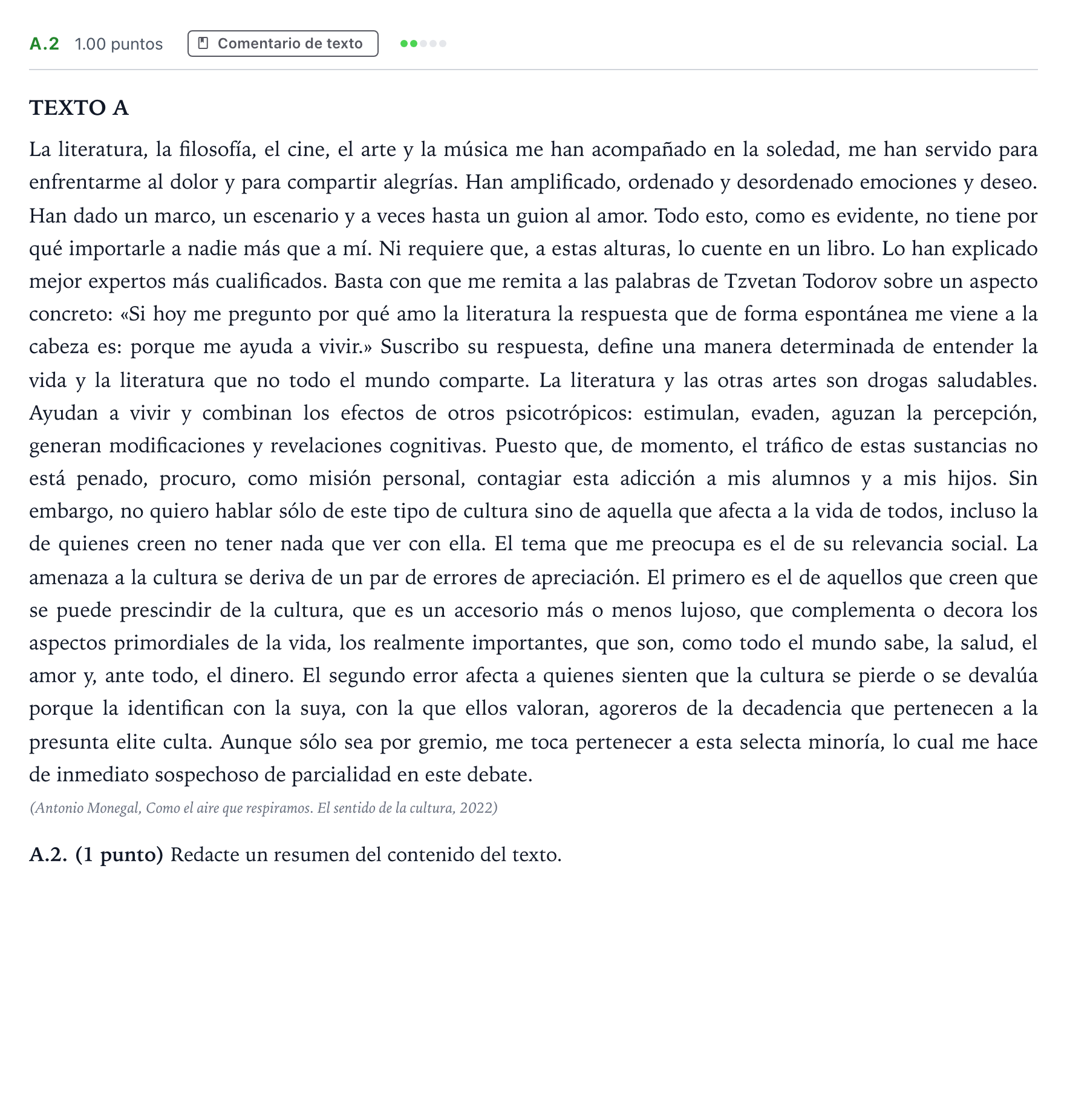 Enunciado: Ejercicio A.2 · Lengua Castellana y Literatura II PAU Madrid Ordinaria Coincidencias 2024
