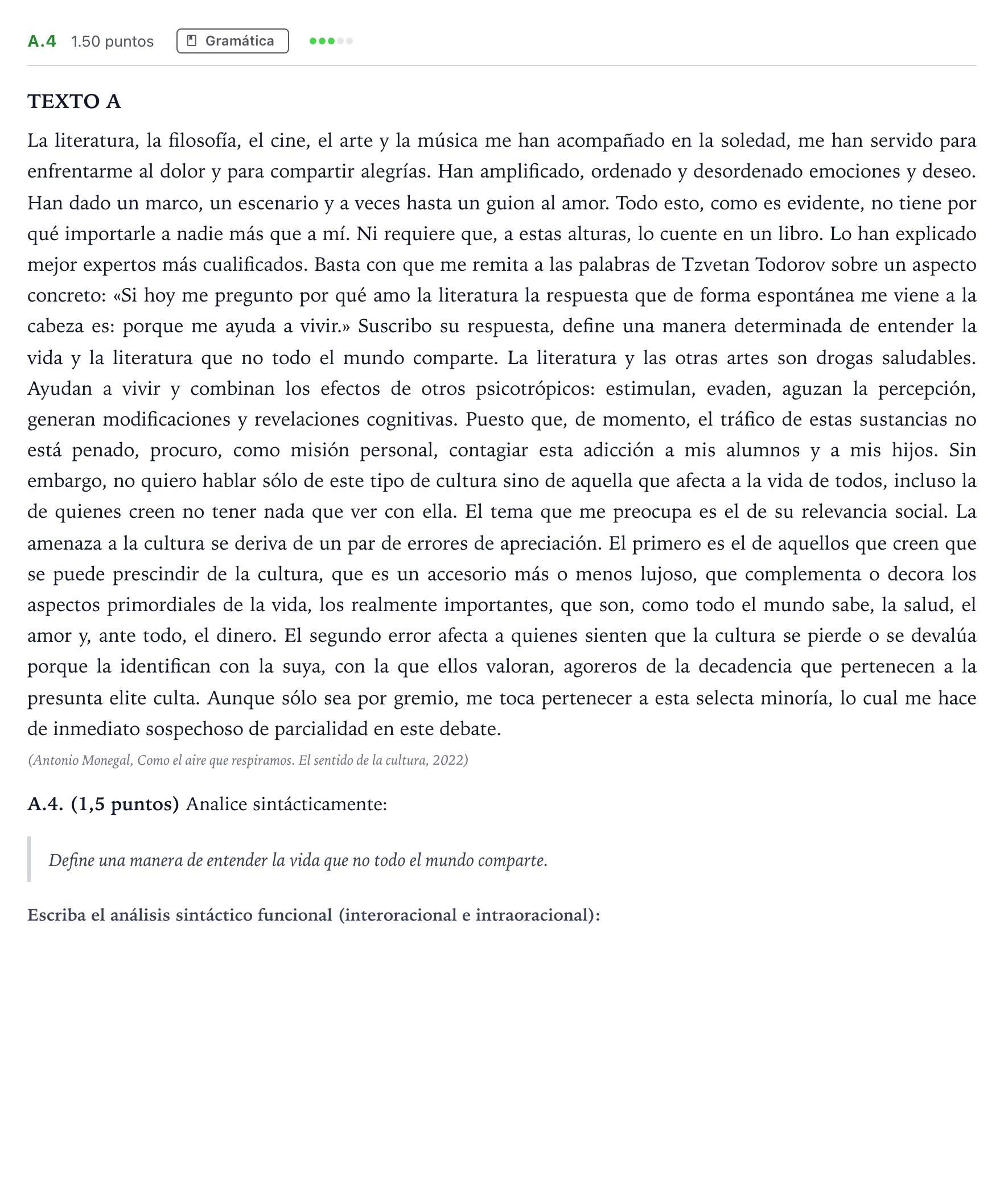 Enunciado: Ejercicio A.4 · Lengua Castellana y Literatura II PAU Madrid Ordinaria Coincidencias 2024