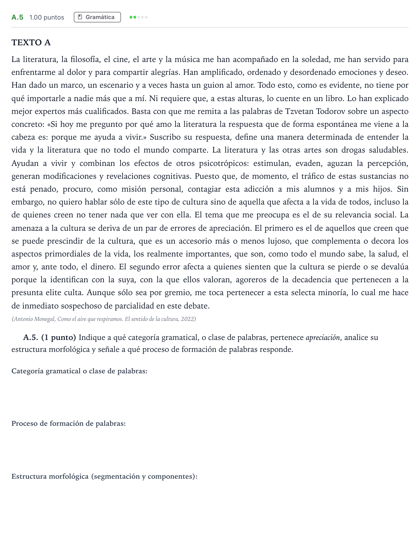 Enunciado: Ejercicio A.5 · Lengua Castellana y Literatura II PAU Madrid Ordinaria Coincidencias 2024