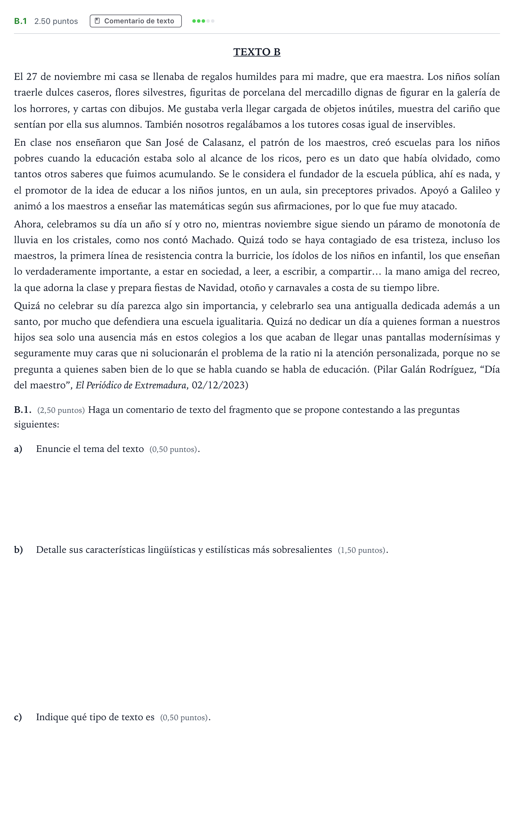 Enunciado: Ejercicio B.1 · Lengua Castellana y Literatura II PAU Madrid Ordinaria Coincidencias 2024