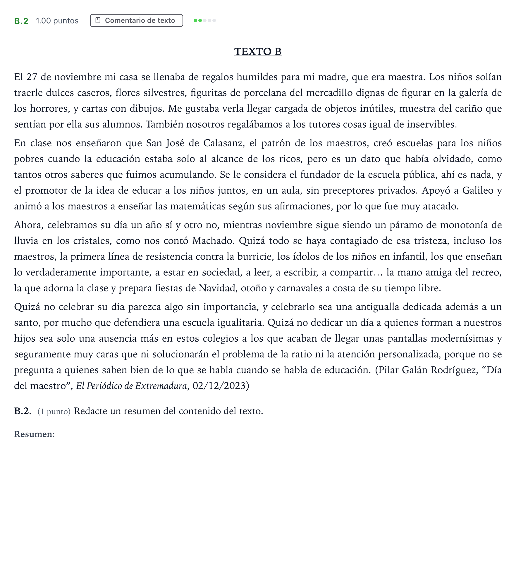 Enunciado: Ejercicio B.2 · Lengua Castellana y Literatura II PAU Madrid Ordinaria Coincidencias 2024