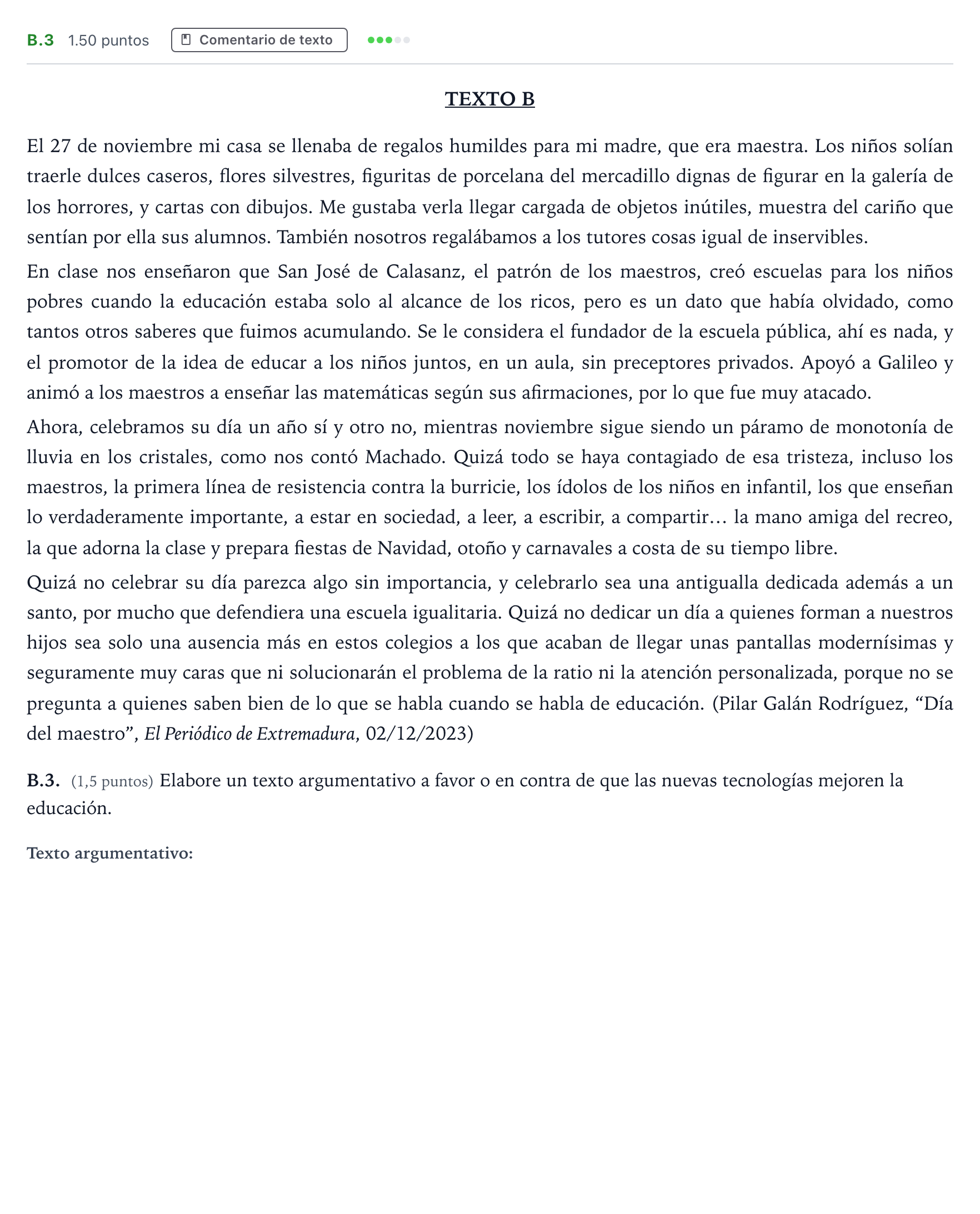 Enunciado: Ejercicio B.3 · Lengua Castellana y Literatura II PAU Madrid Ordinaria Coincidencias 2024