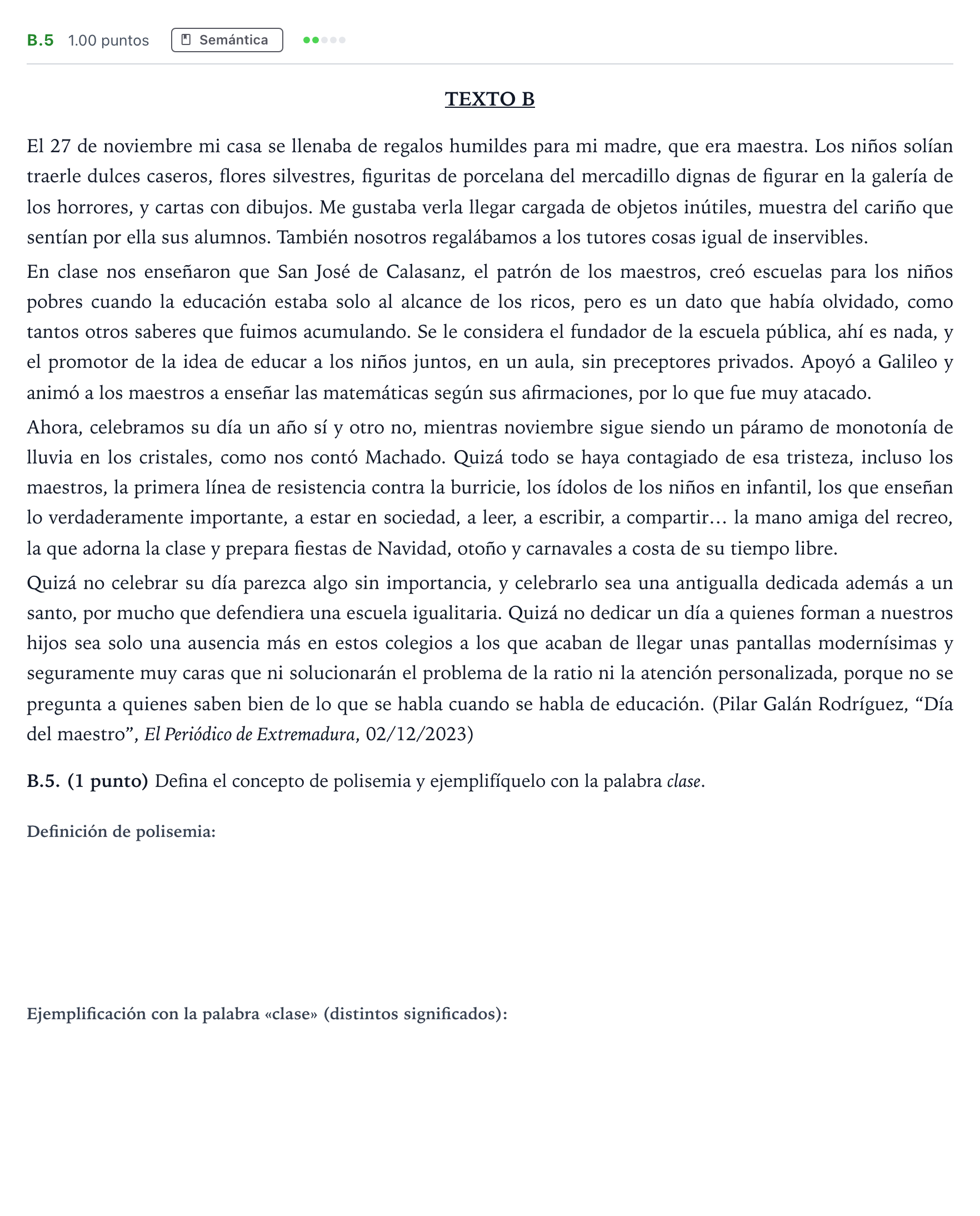 Enunciado: Ejercicio B.5 · Lengua Castellana y Literatura II PAU Madrid Ordinaria Coincidencias 2024