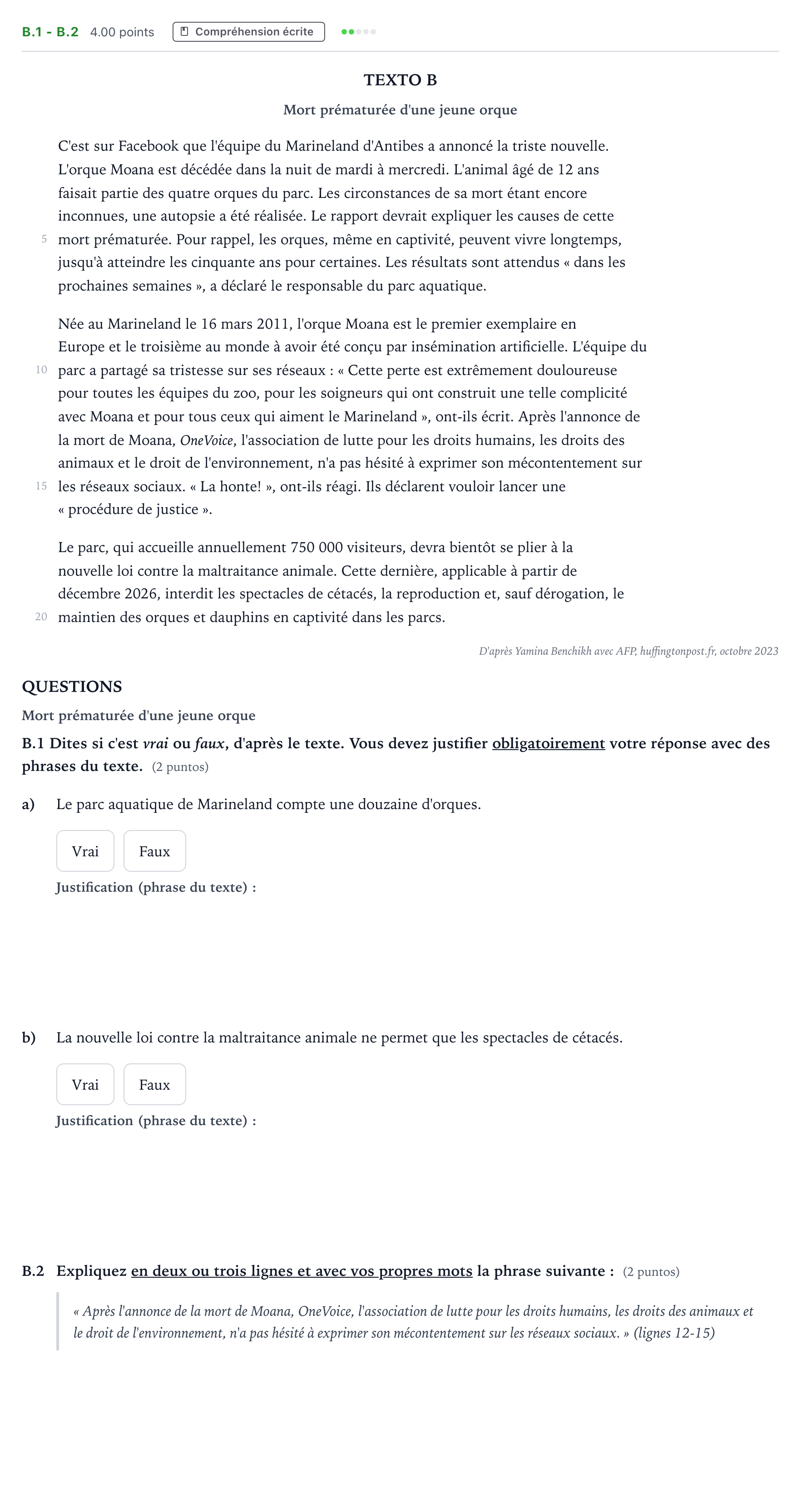 Enunciado: Ejercicio B.1 - B.2 · Francés PAU Madrid Extraordinaria 2024