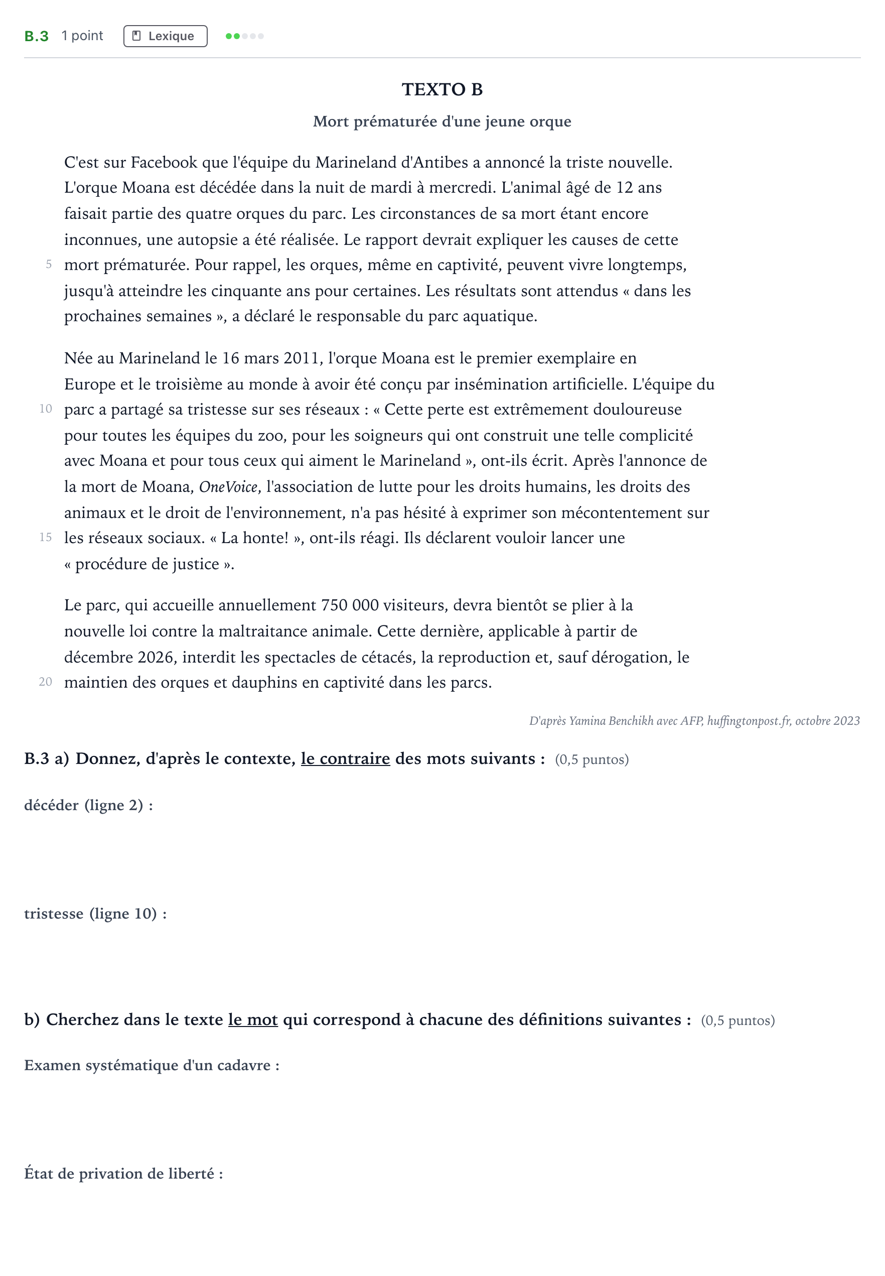 Enunciado: Ejercicio B.3 · Francés PAU Madrid Extraordinaria 2024
