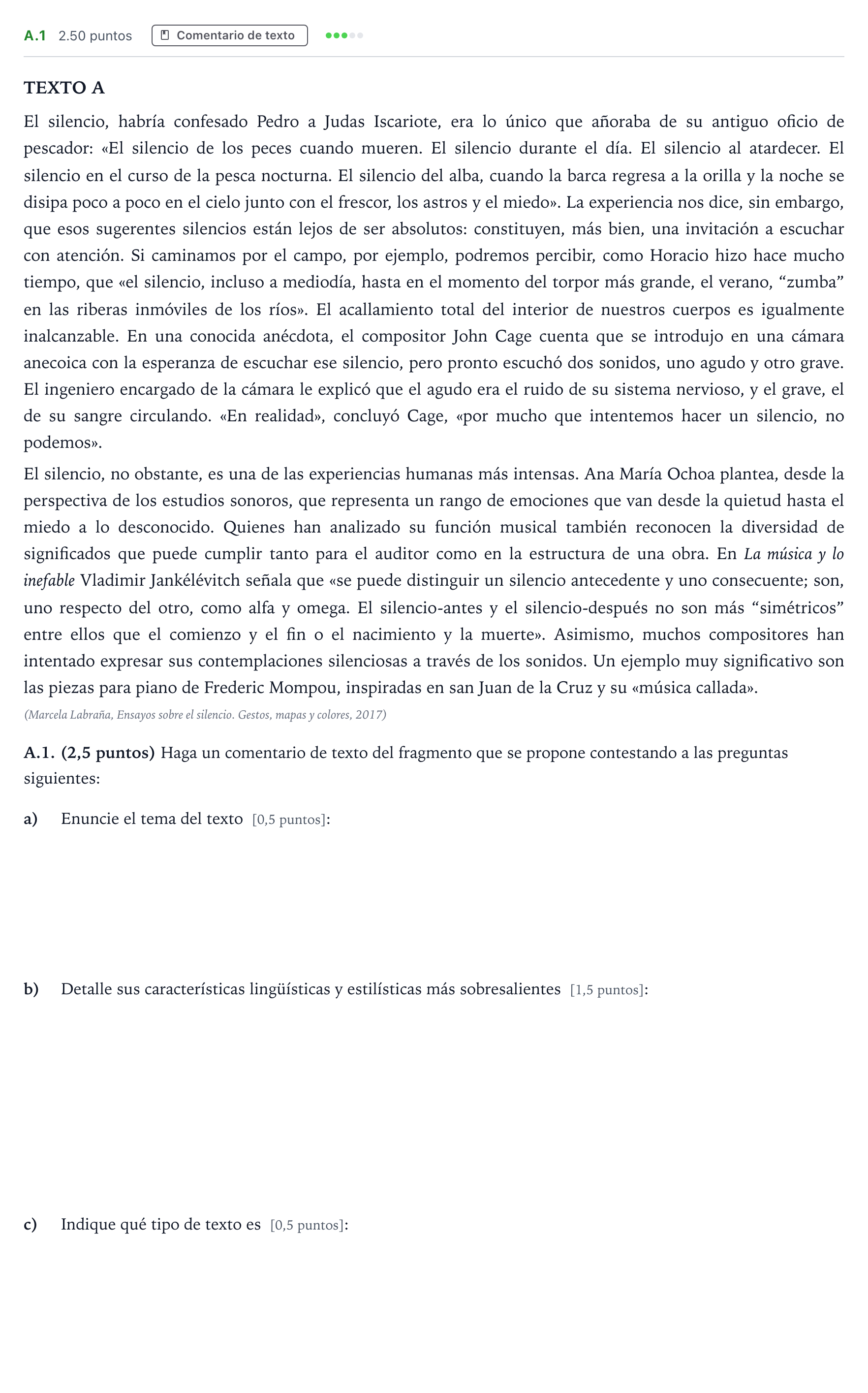 Enunciado: Ejercicio A.1 · Lengua Castellana y Literatura II PAU Madrid Ordinaria Martes 2024