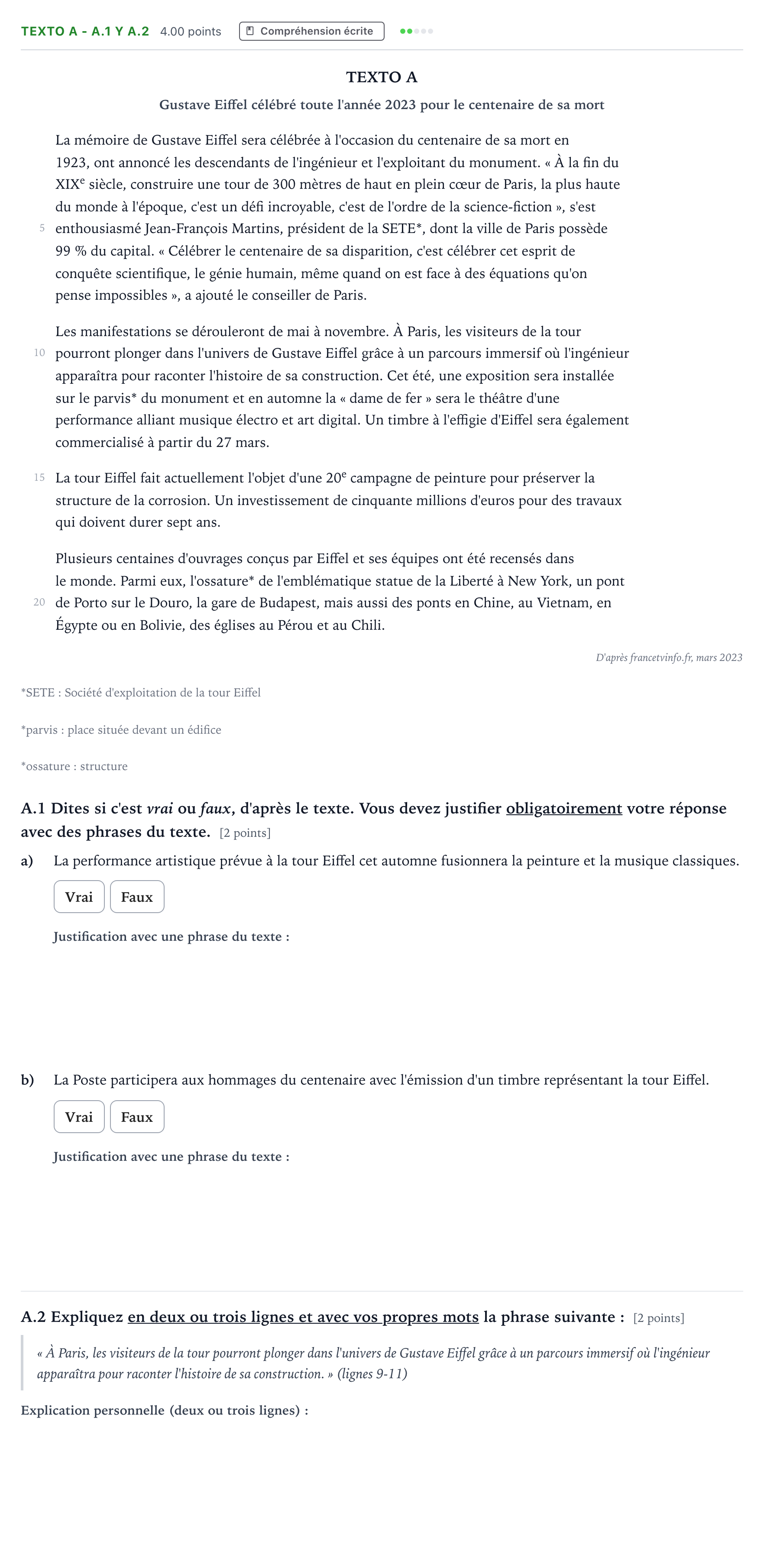 Enunciado: Ejercicio Texto A - A.1 y A.2 · Francés PAU Madrid Extraordinaria (2) 2024