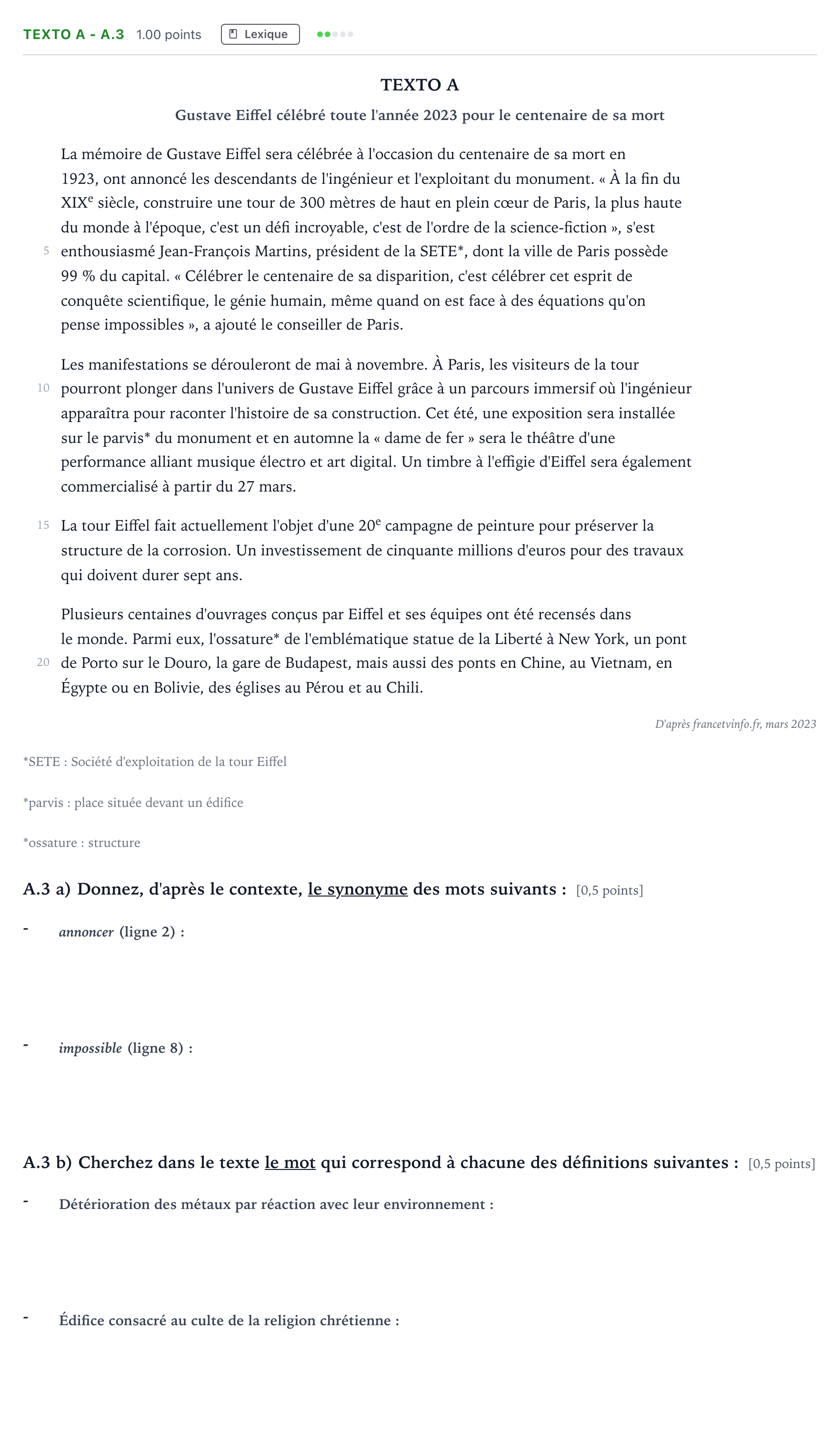 Enunciado: Ejercicio Texto A - A.3 · Francés PAU Madrid Extraordinaria (2) 2024