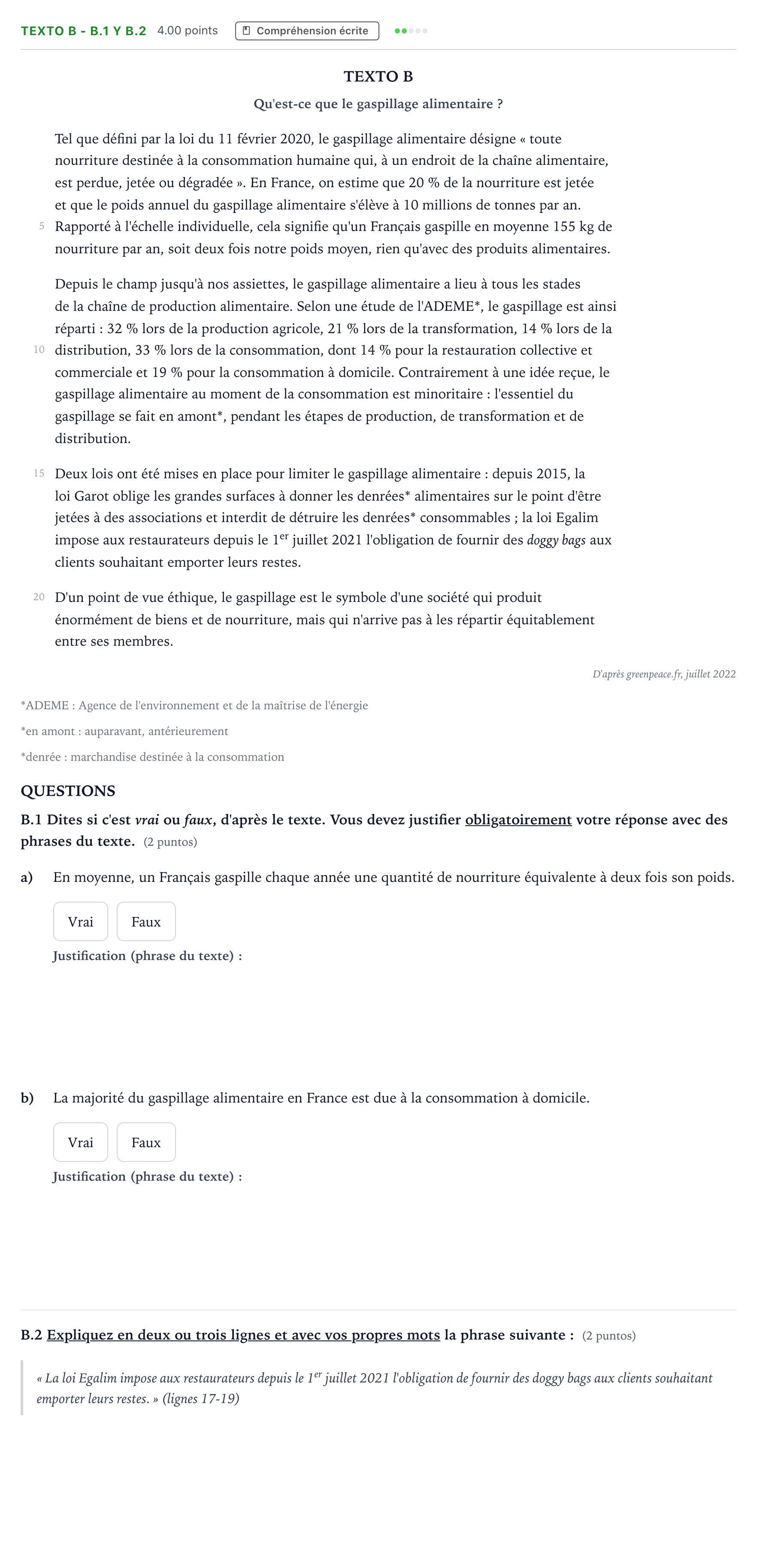 Enunciado: Ejercicio Texto B - B.1 y B.2 · Francés PAU Madrid Extraordinaria (2) 2024