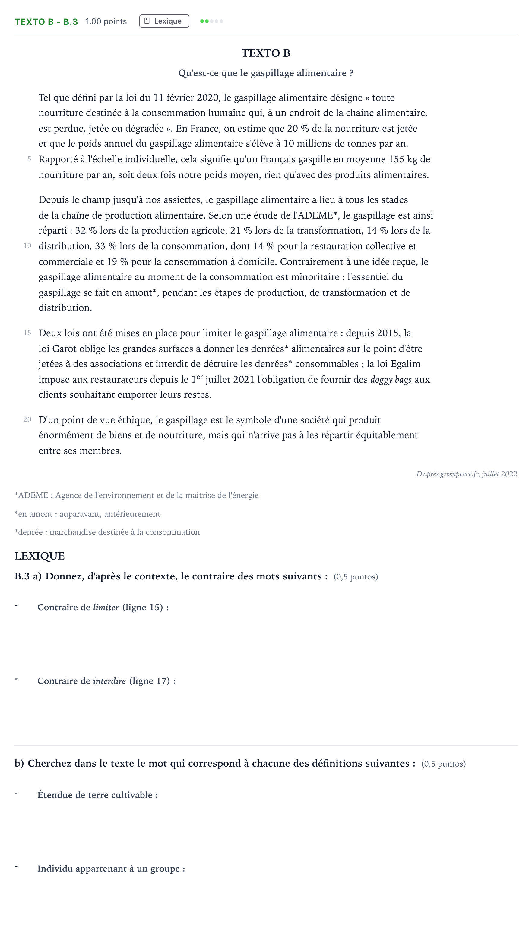 Enunciado: Ejercicio Texto B - B.3 · Francés PAU Madrid Extraordinaria (2) 2024