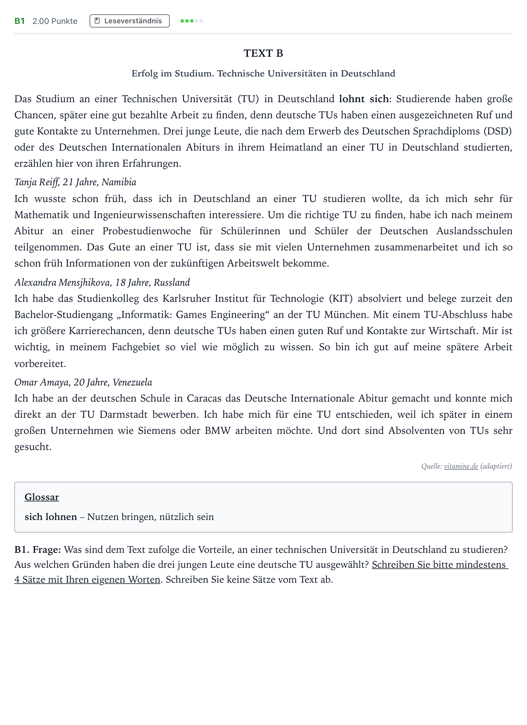 Enunciado: Ejercicio B1 · Alemán PAU Madrid Ordinaria Martes 2024
