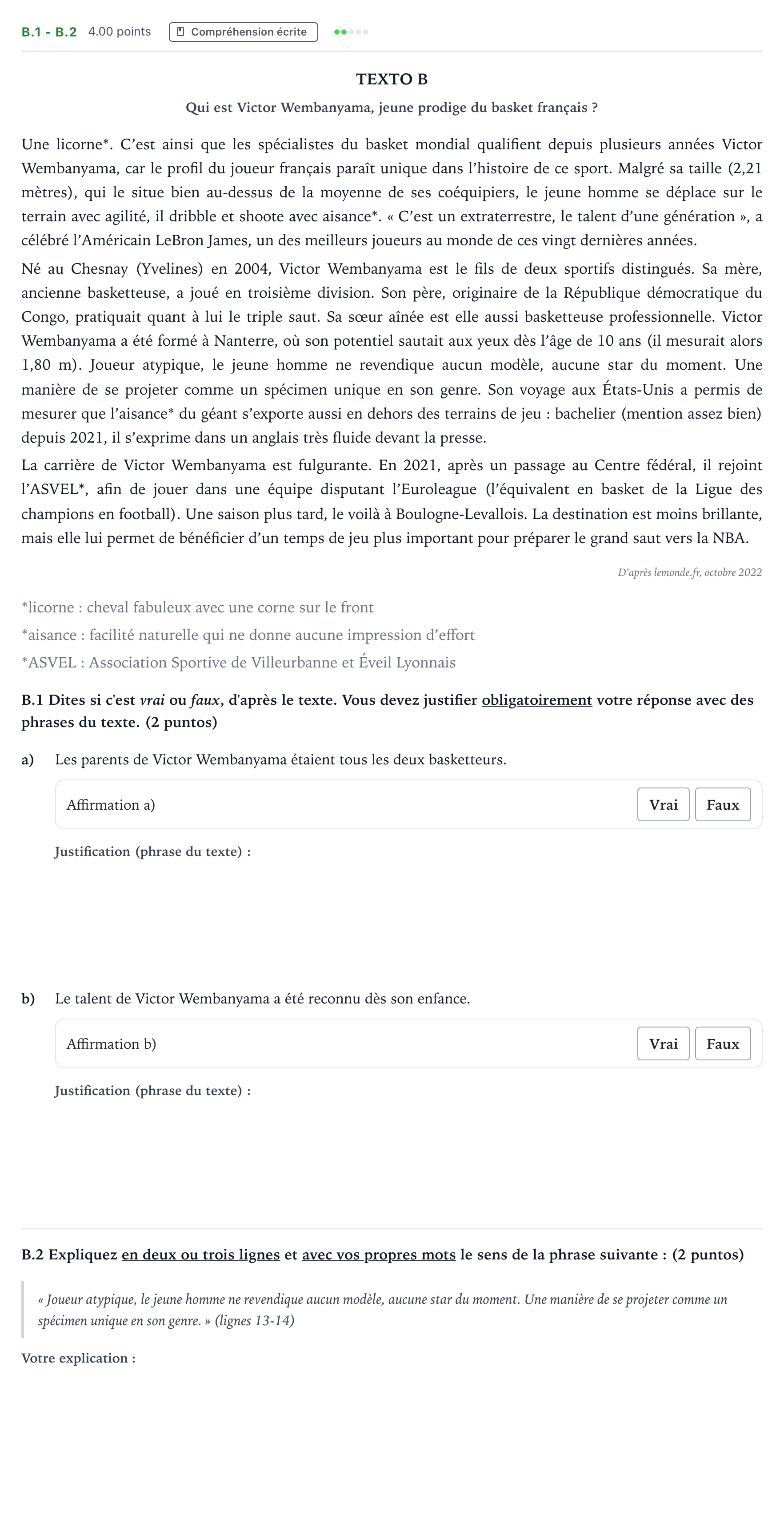 Enunciado: Ejercicio B.1 - B.2 · Francés PAU Madrid Extraordinaria Coincidencias 2024