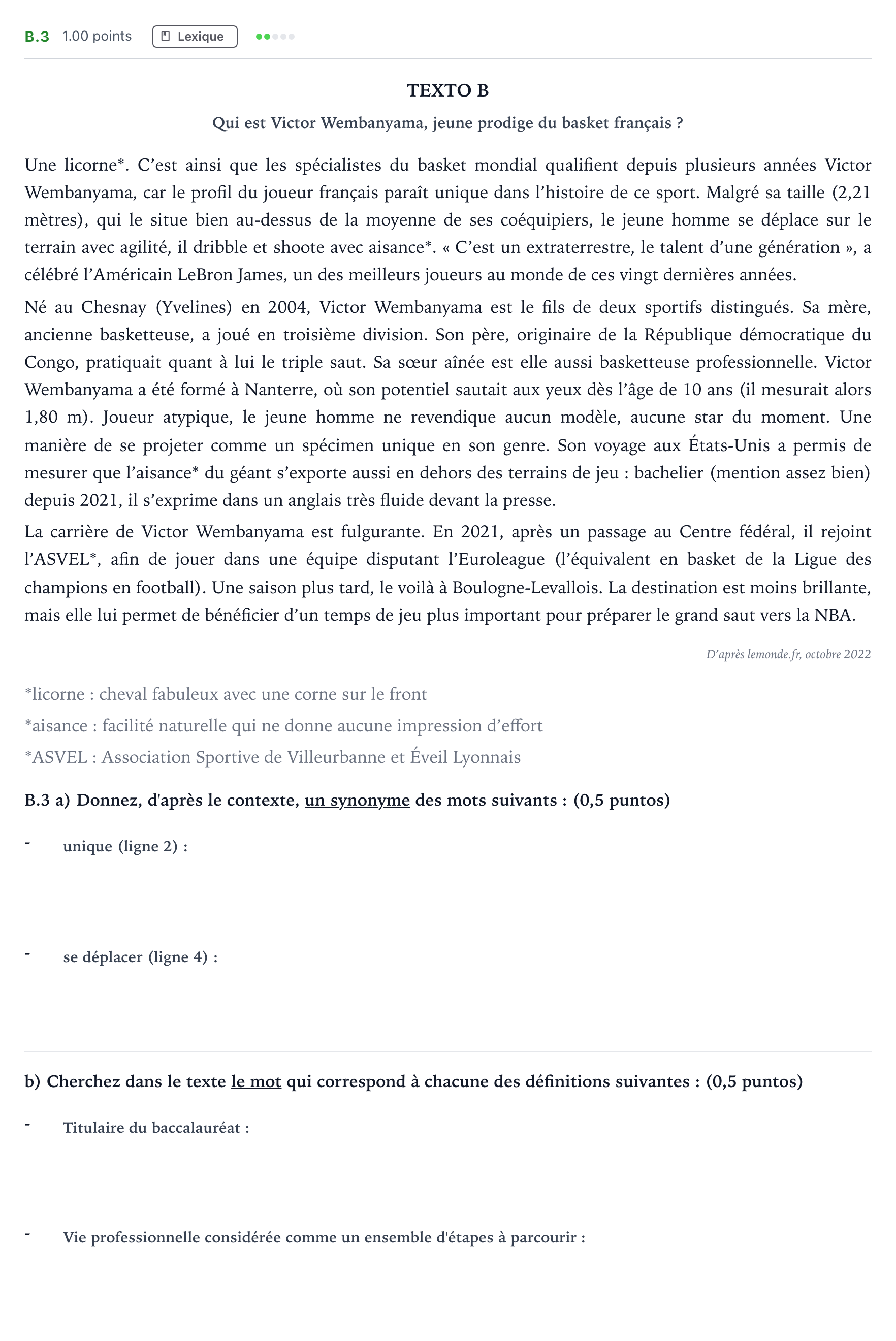 Enunciado: Ejercicio B.3 · Francés PAU Madrid Extraordinaria Coincidencias 2024