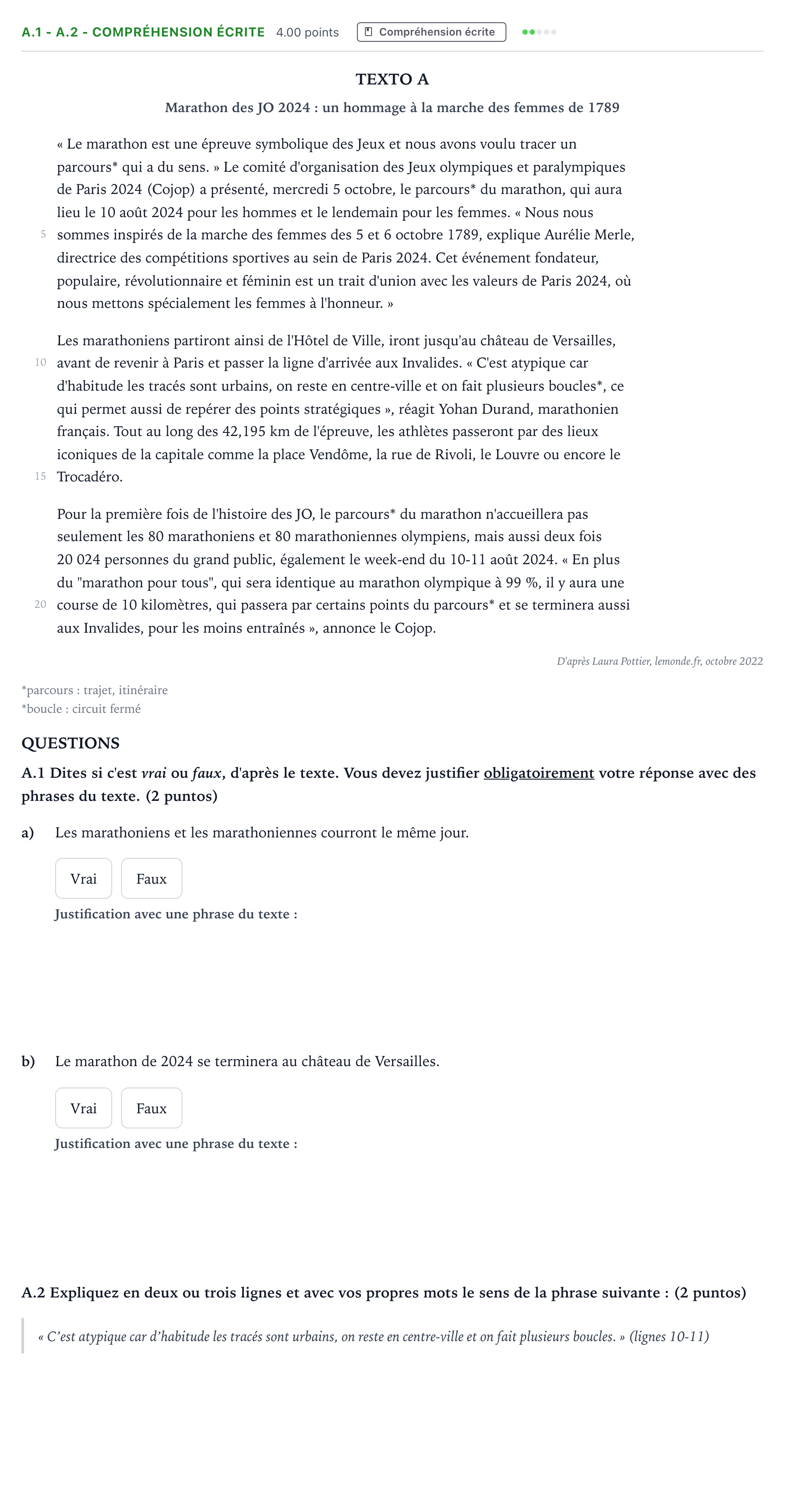 Enunciado: Ejercicio A.1 - A.2 - Compréhension écrite · Francés PAU Madrid Modelo 2024