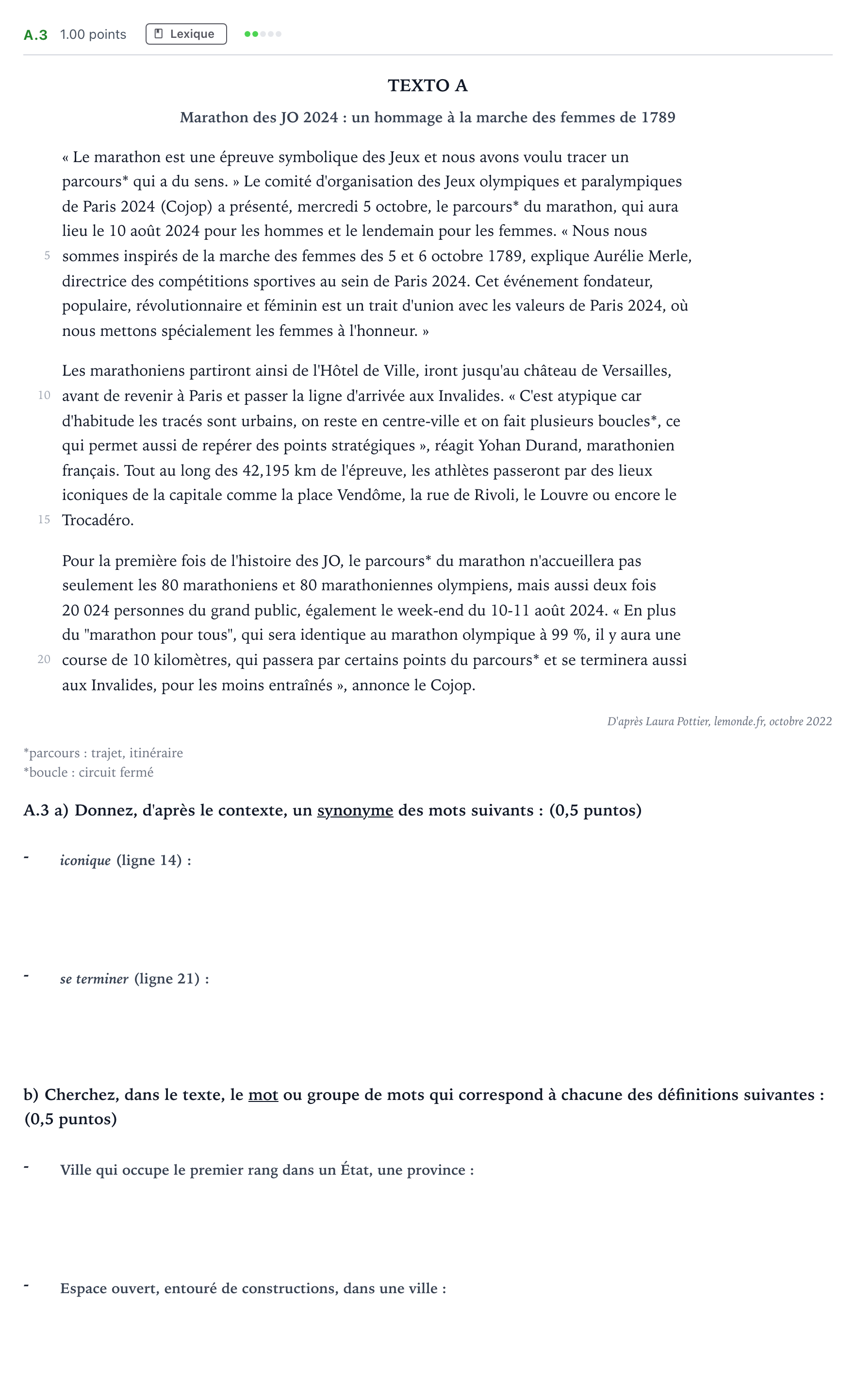 Enunciado: Ejercicio A.3 · Francés PAU Madrid Modelo 2024