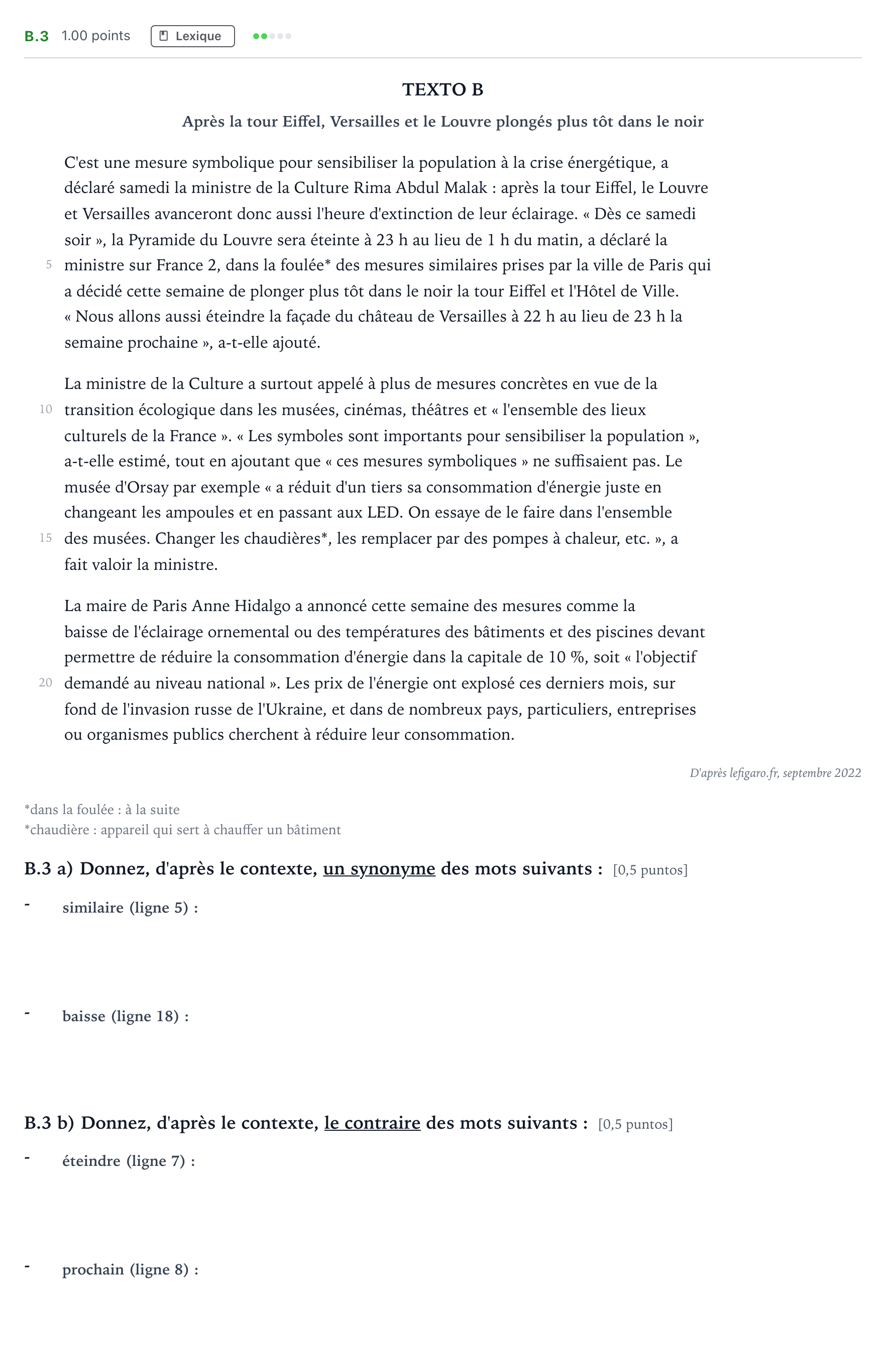 Enunciado: Ejercicio B.3 · Francés PAU Madrid Modelo 2024