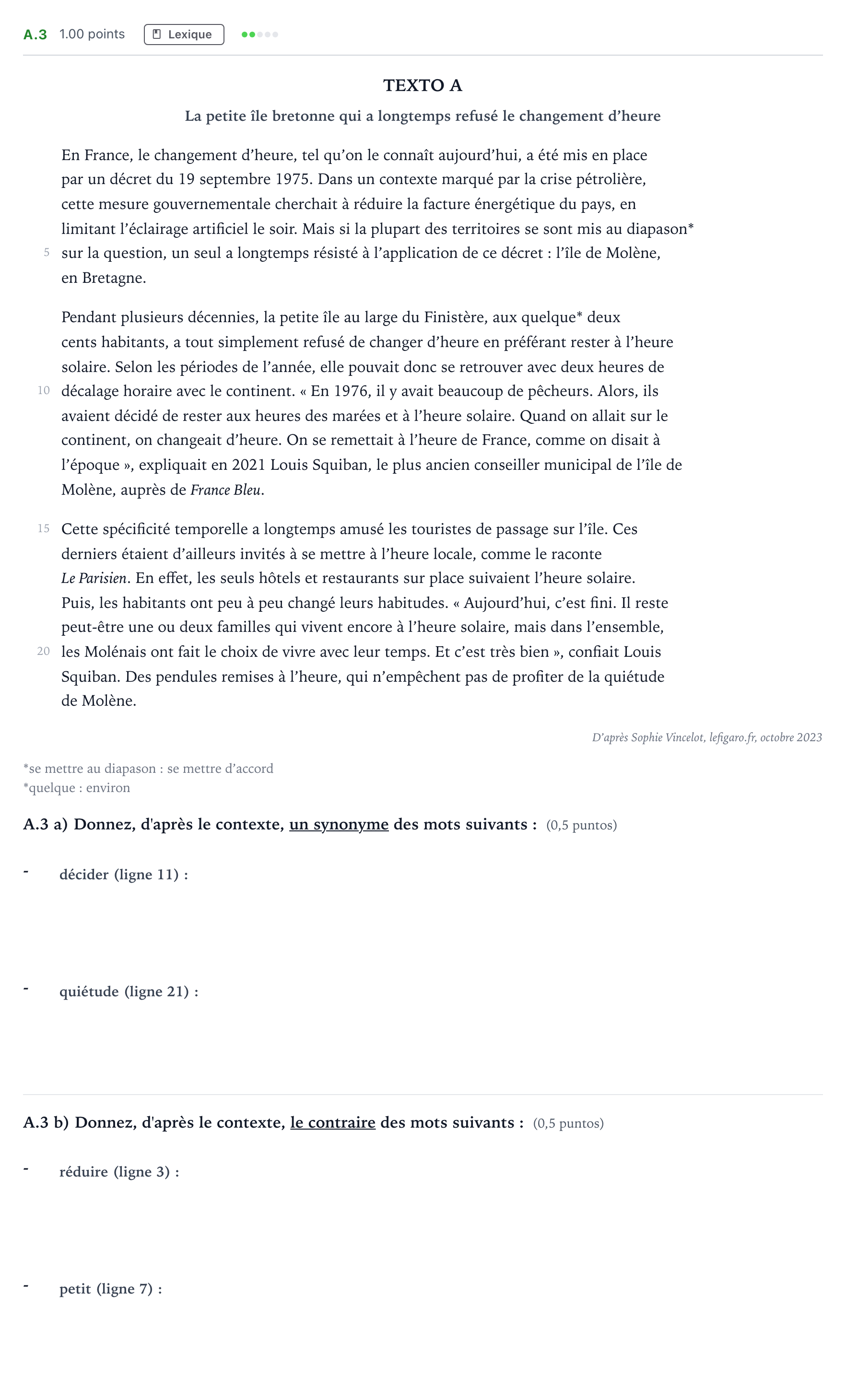 Enunciado: Ejercicio A.3 · Francés PAU Madrid Ordinaria 2024