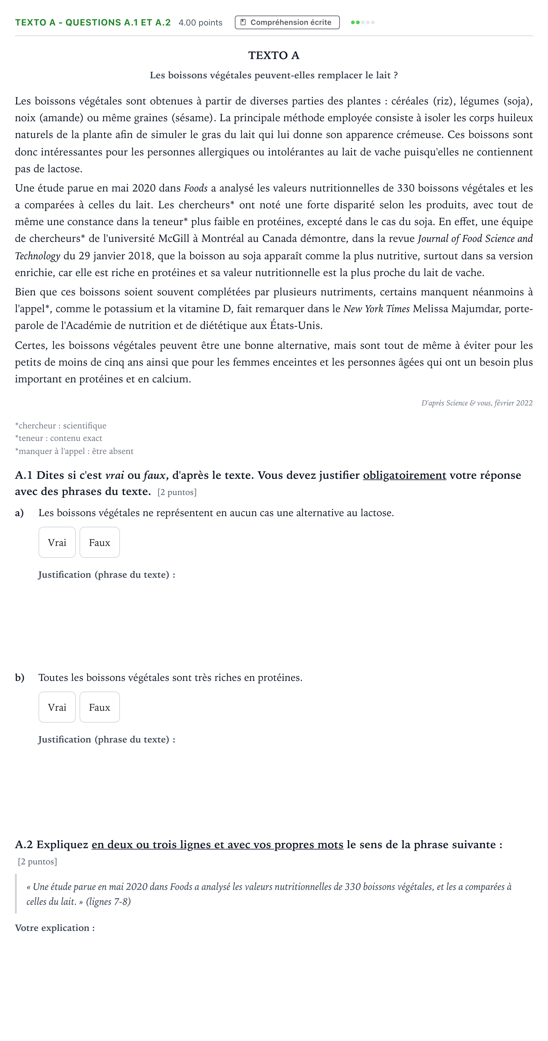 Enunciado: Ejercicio Texto A - Questions A.1 et A.2 · Francés PAU Madrid Ordinaria Coincidencias 2024