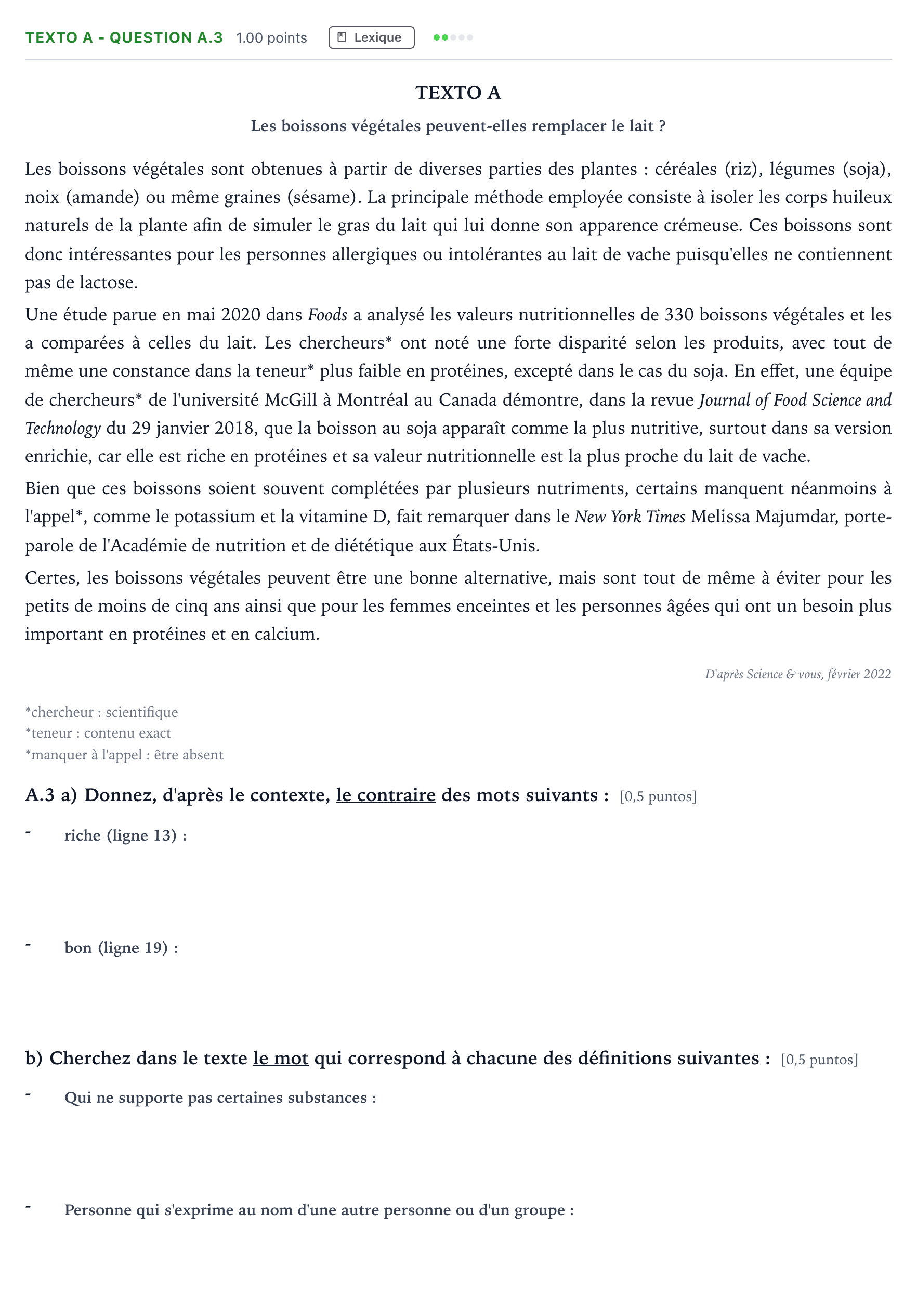 Enunciado: Ejercicio Texto A - Question A.3 · Francés PAU Madrid Ordinaria Coincidencias 2024