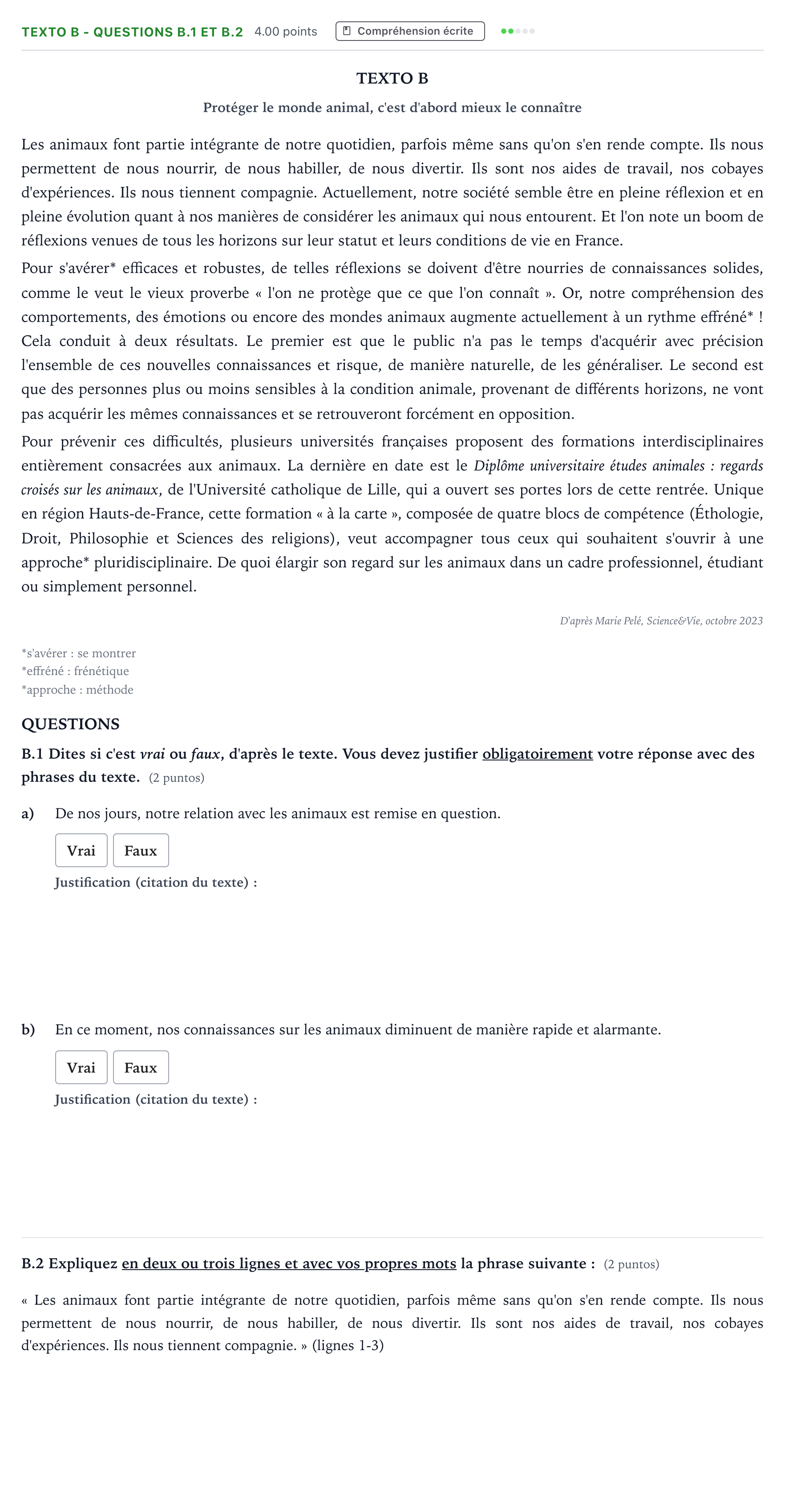 Enunciado: Ejercicio Texto B - Questions B.1 et B.2 · Francés PAU Madrid Ordinaria Coincidencias 2024