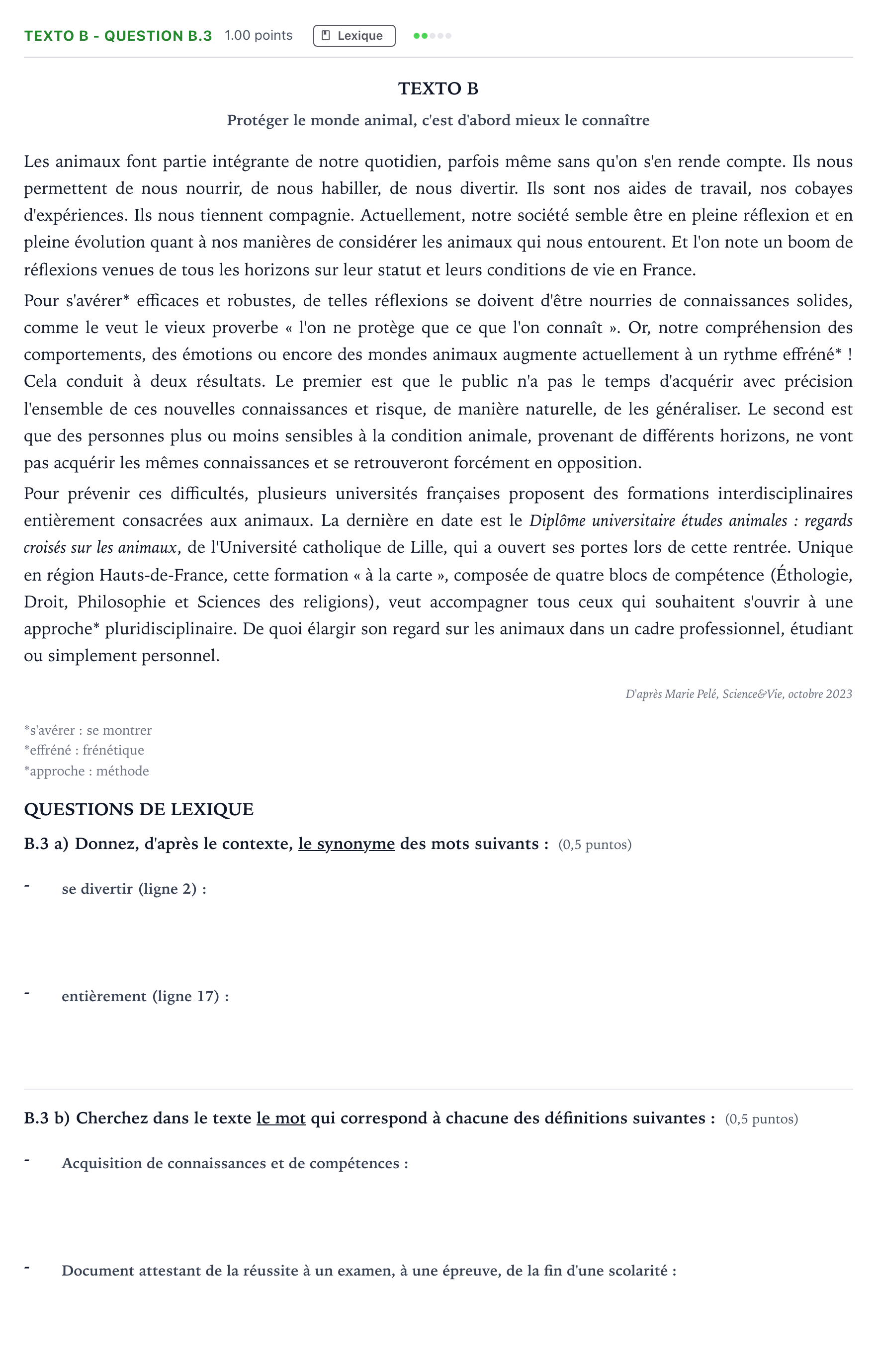 Enunciado: Ejercicio Texto B - Question B.3 · Francés PAU Madrid Ordinaria Coincidencias 2024