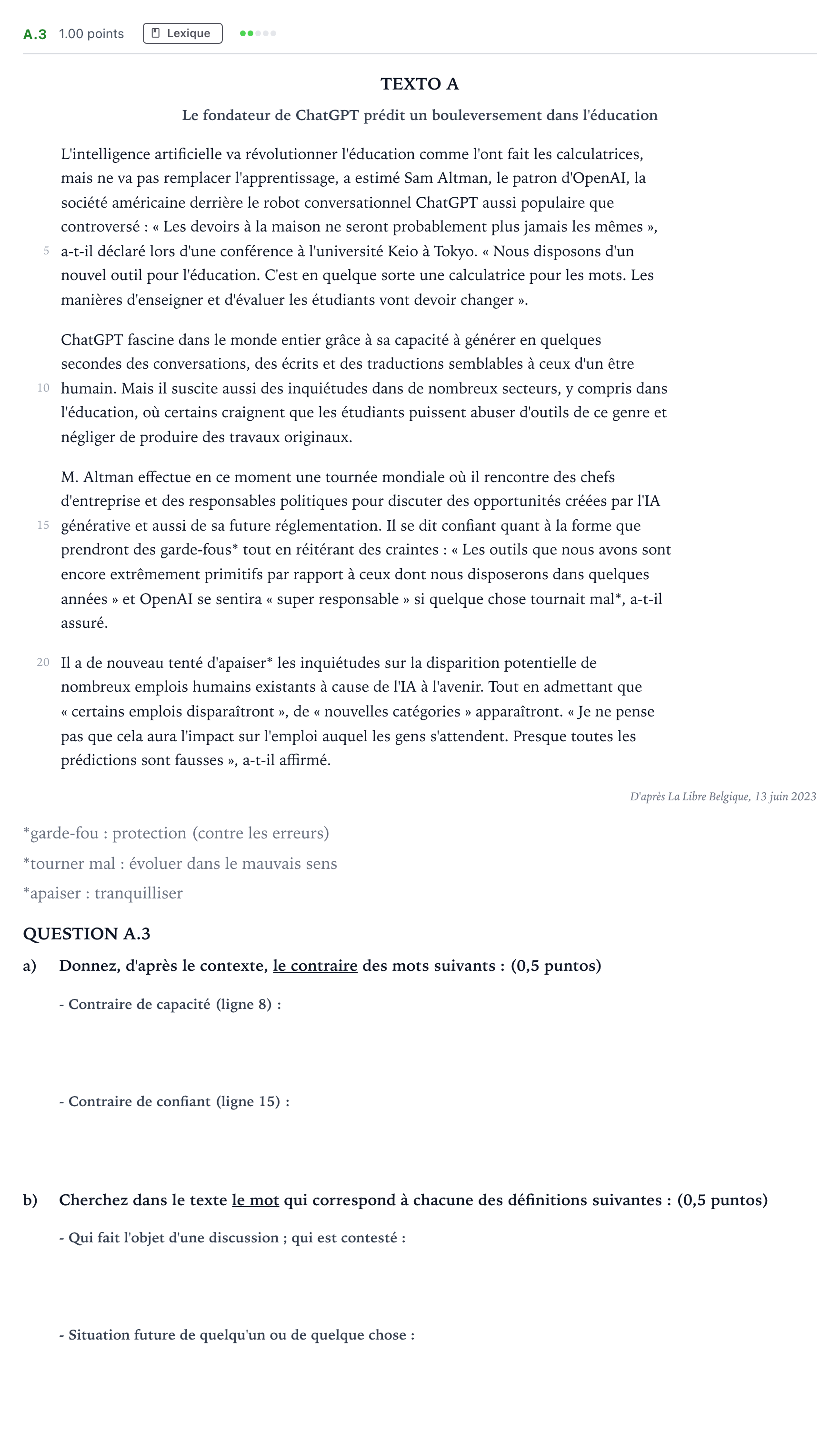 Enunciado: Ejercicio A.3 · Francés PAU Madrid Ordinaria Lunes 2024