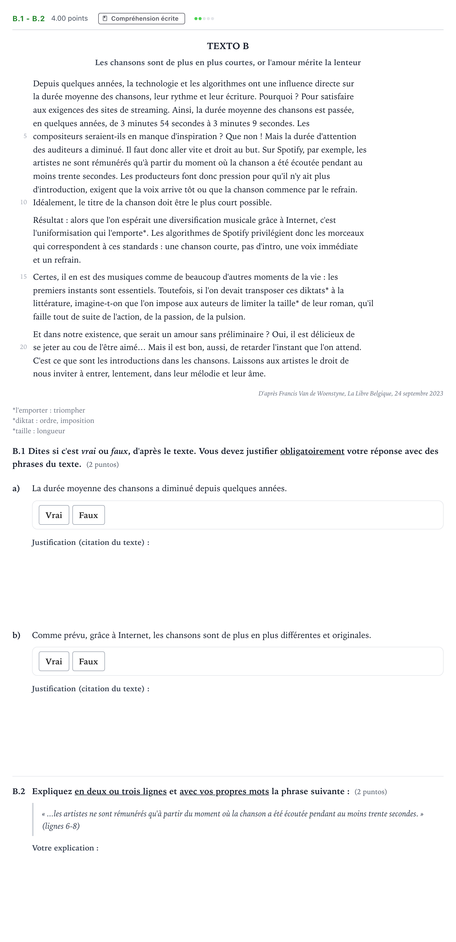 Enunciado: Ejercicio B.1 - B.2 · Francés PAU Madrid Ordinaria Lunes 2024