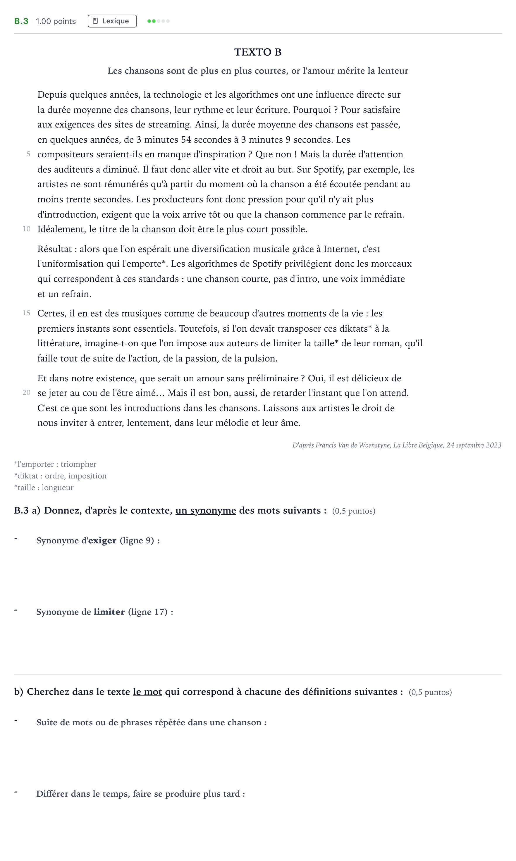 Enunciado: Ejercicio B.3 · Francés PAU Madrid Ordinaria Lunes 2024