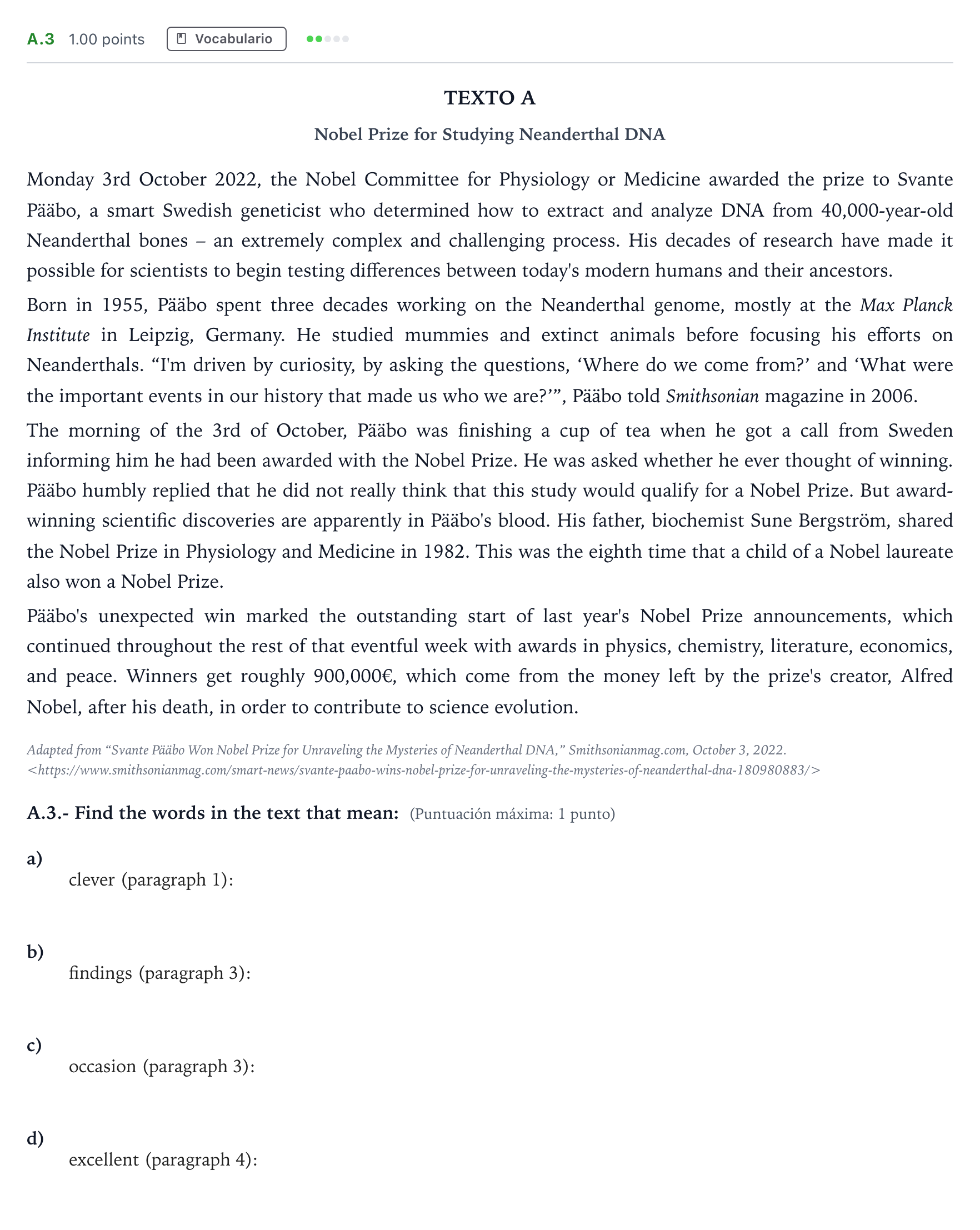 Enunciado: Ejercicio A.3 · Inglés PAU Madrid Modelo 2024