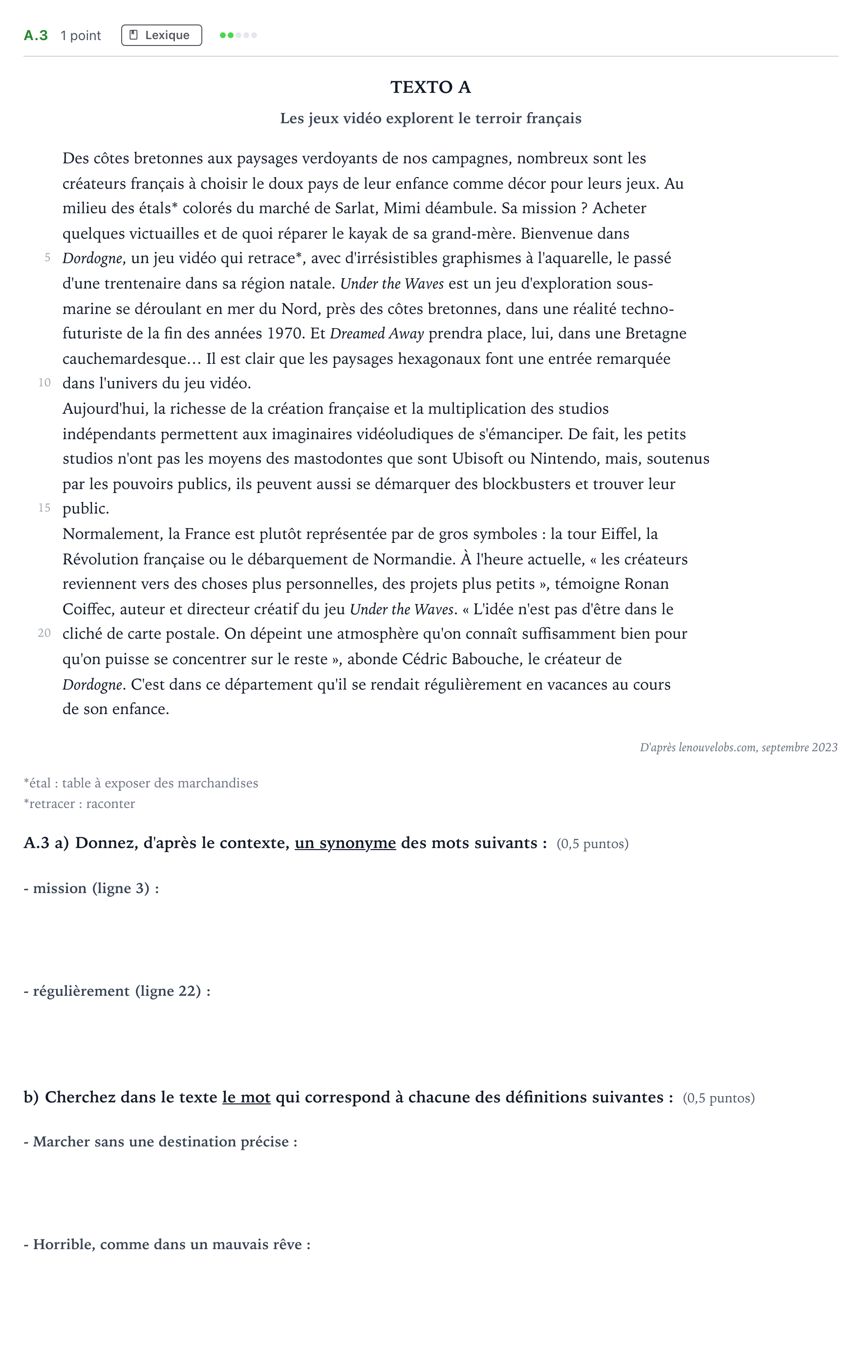 Enunciado: Ejercicio A.3 · Francés PAU Madrid Ordinaria Martes 2024