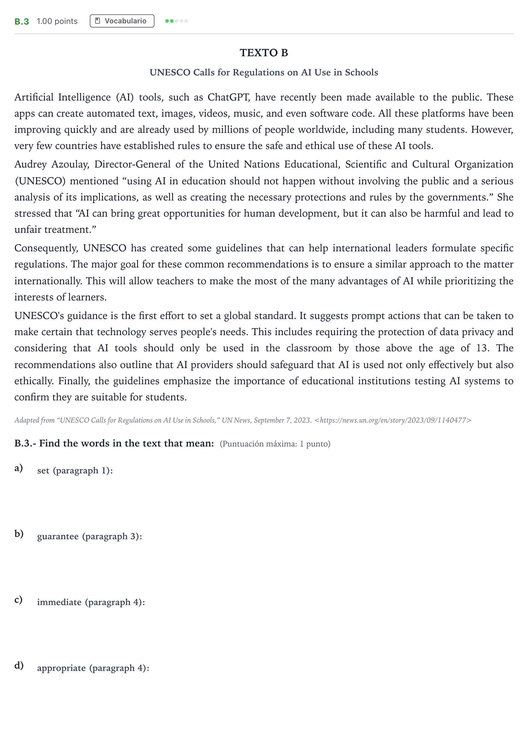 Enunciado: Ejercicio B.3 · Inglés PAU Madrid Ordinaria Coincidencias 2024