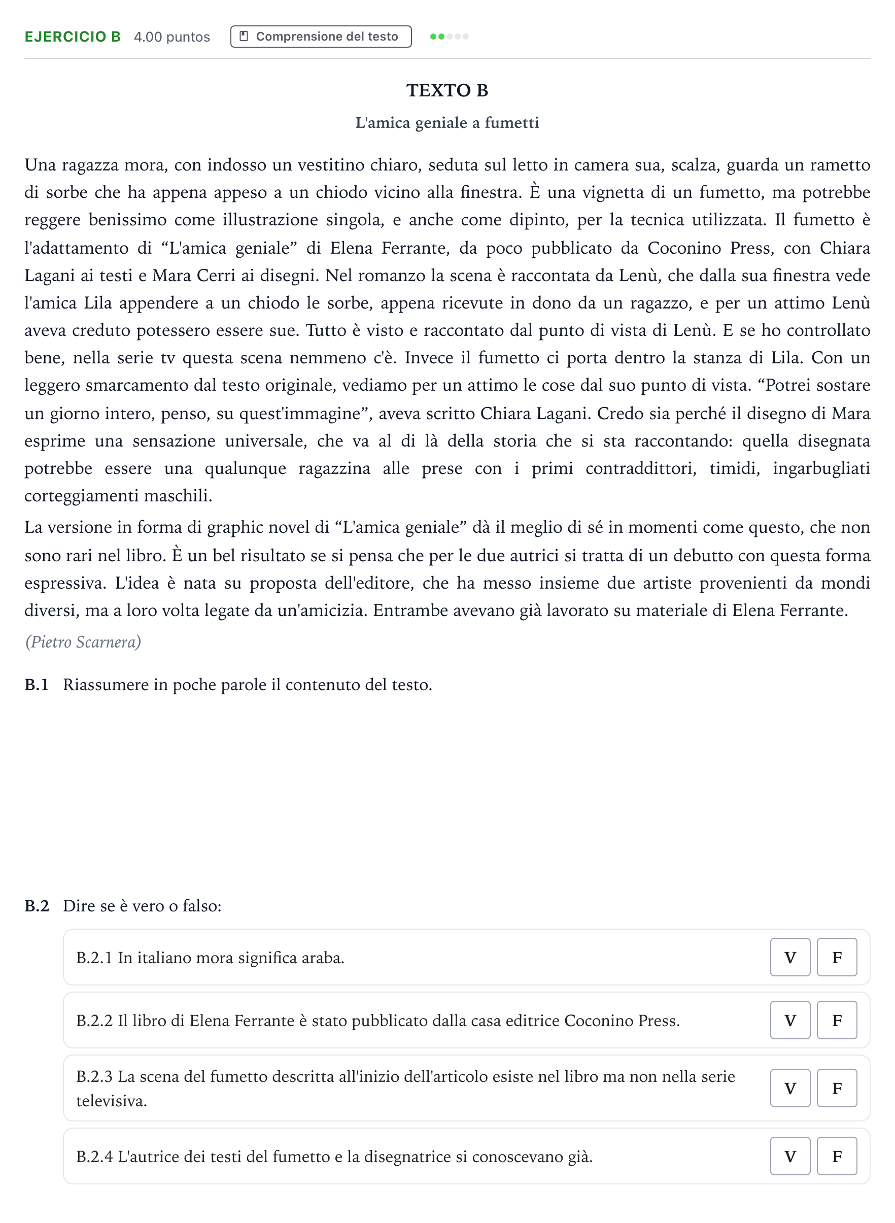 Enunciado: Ejercicio B · Italiano PAU Madrid Extraordinaria 2024
