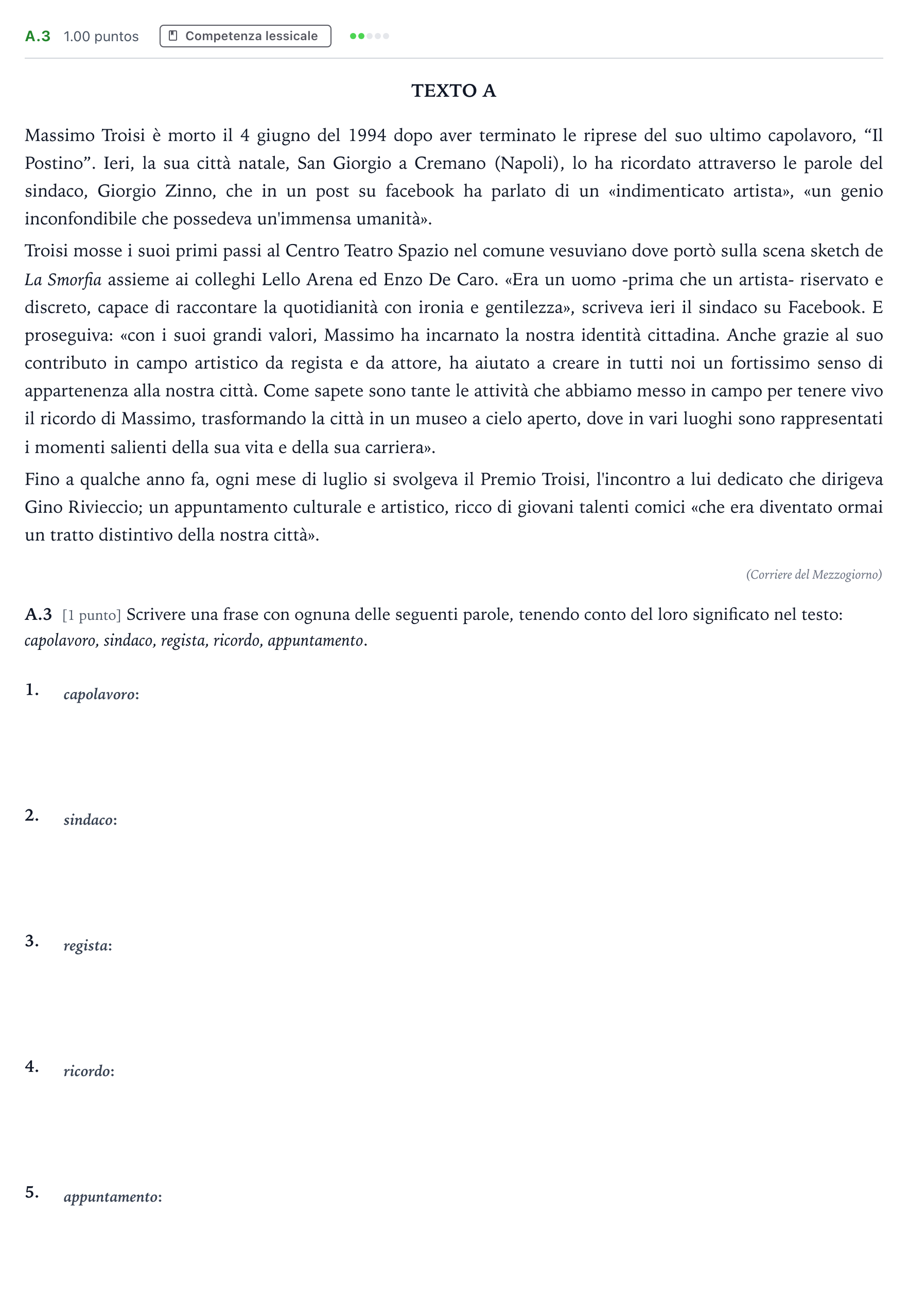 Enunciado: Ejercicio A.3 · Italiano PAU Madrid Modelo 2024