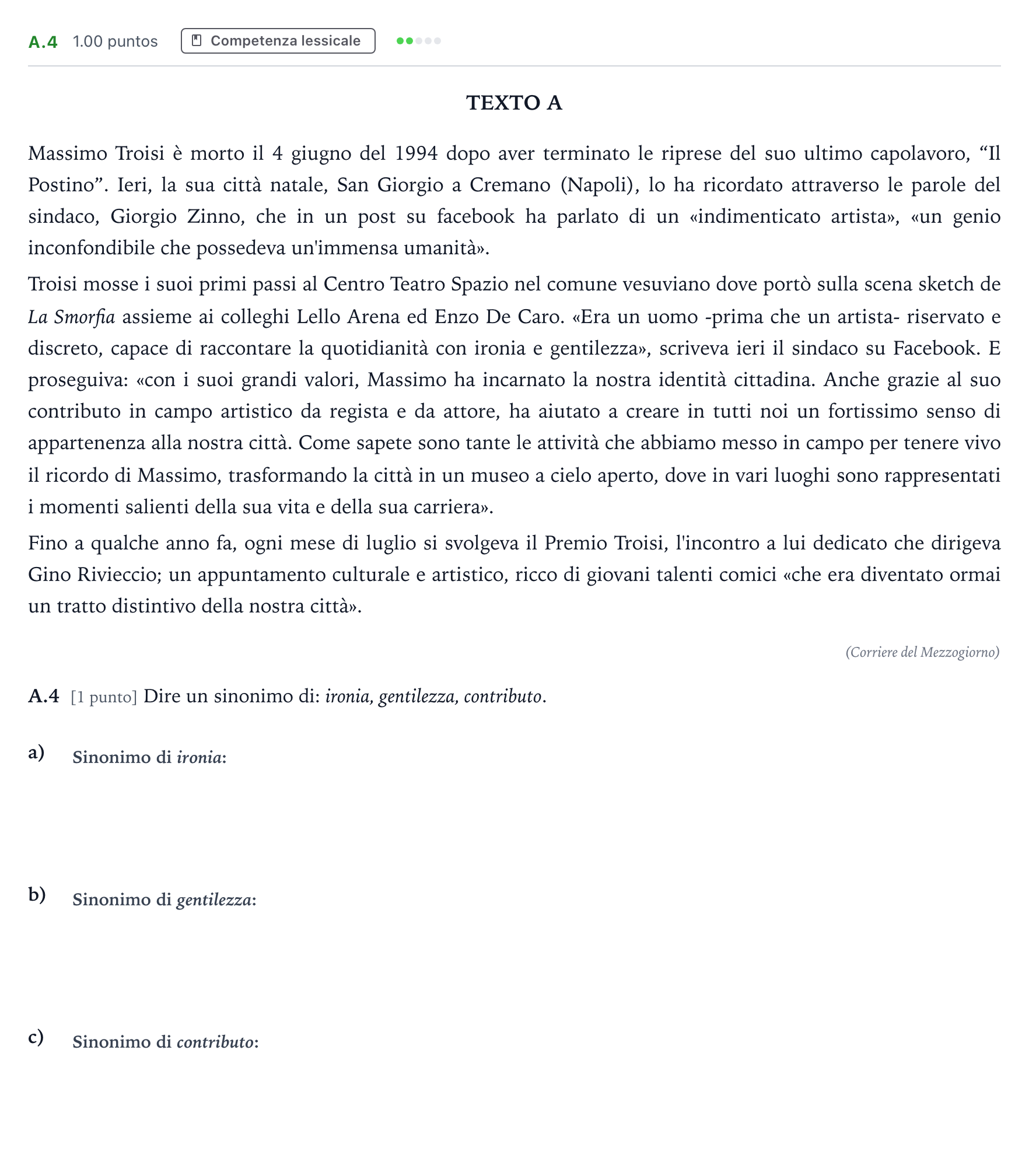 Enunciado: Ejercicio A.4 · Italiano PAU Madrid Modelo 2024