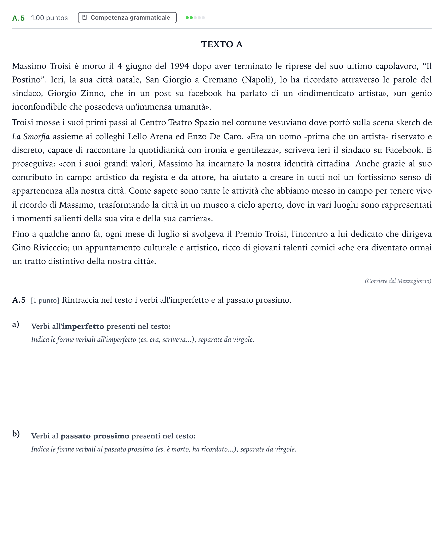 Enunciado: Ejercicio A.5 · Italiano PAU Madrid Modelo 2024