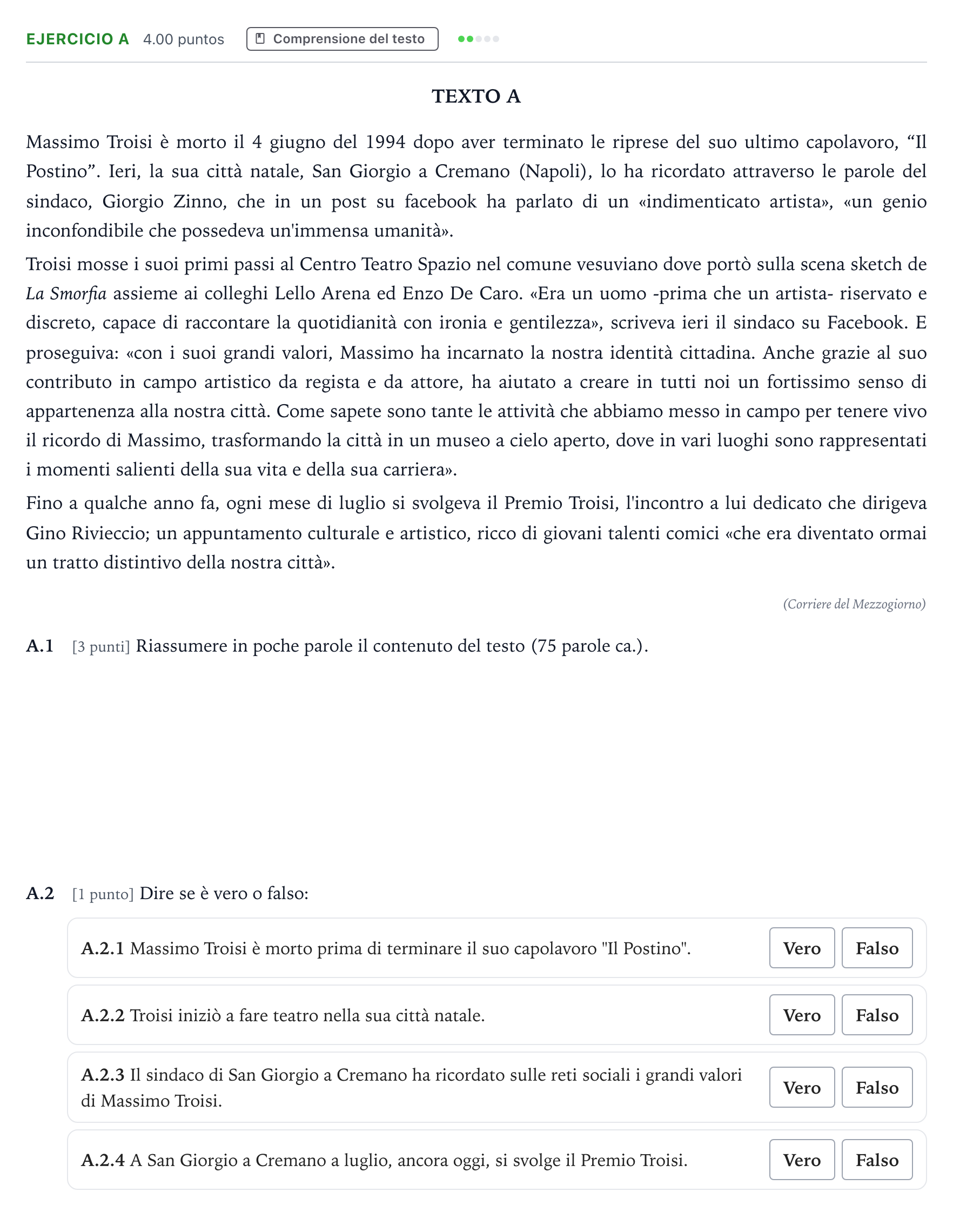 Enunciado: Ejercicio A · Italiano PAU Madrid Modelo 2024