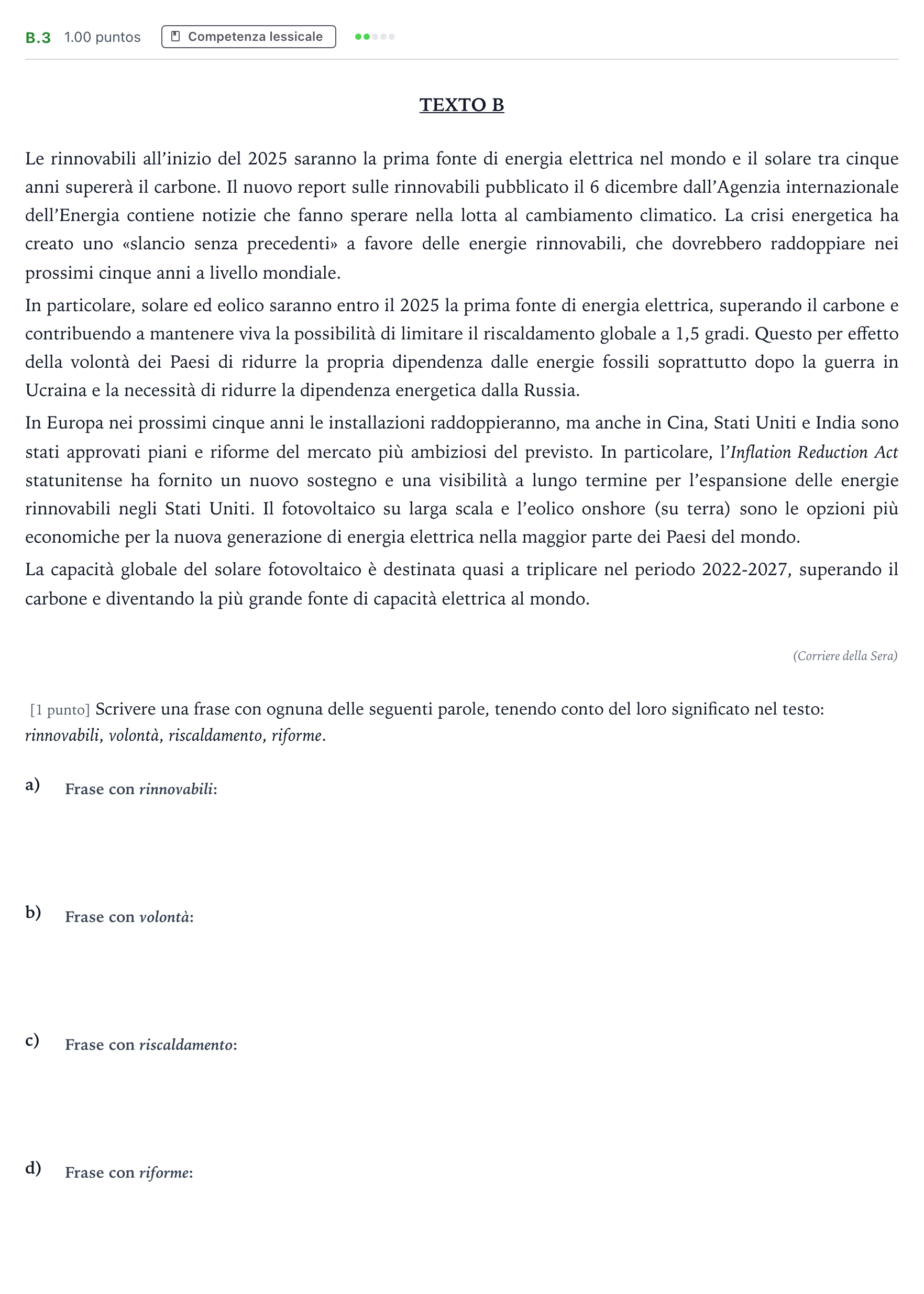 Enunciado: Ejercicio B.3 · Italiano PAU Madrid Modelo 2024
