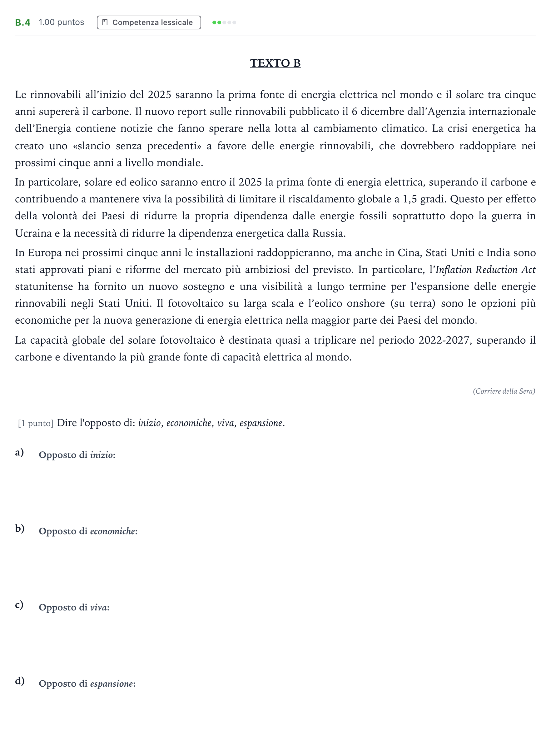 Enunciado: Ejercicio B.4 · Italiano PAU Madrid Modelo 2024