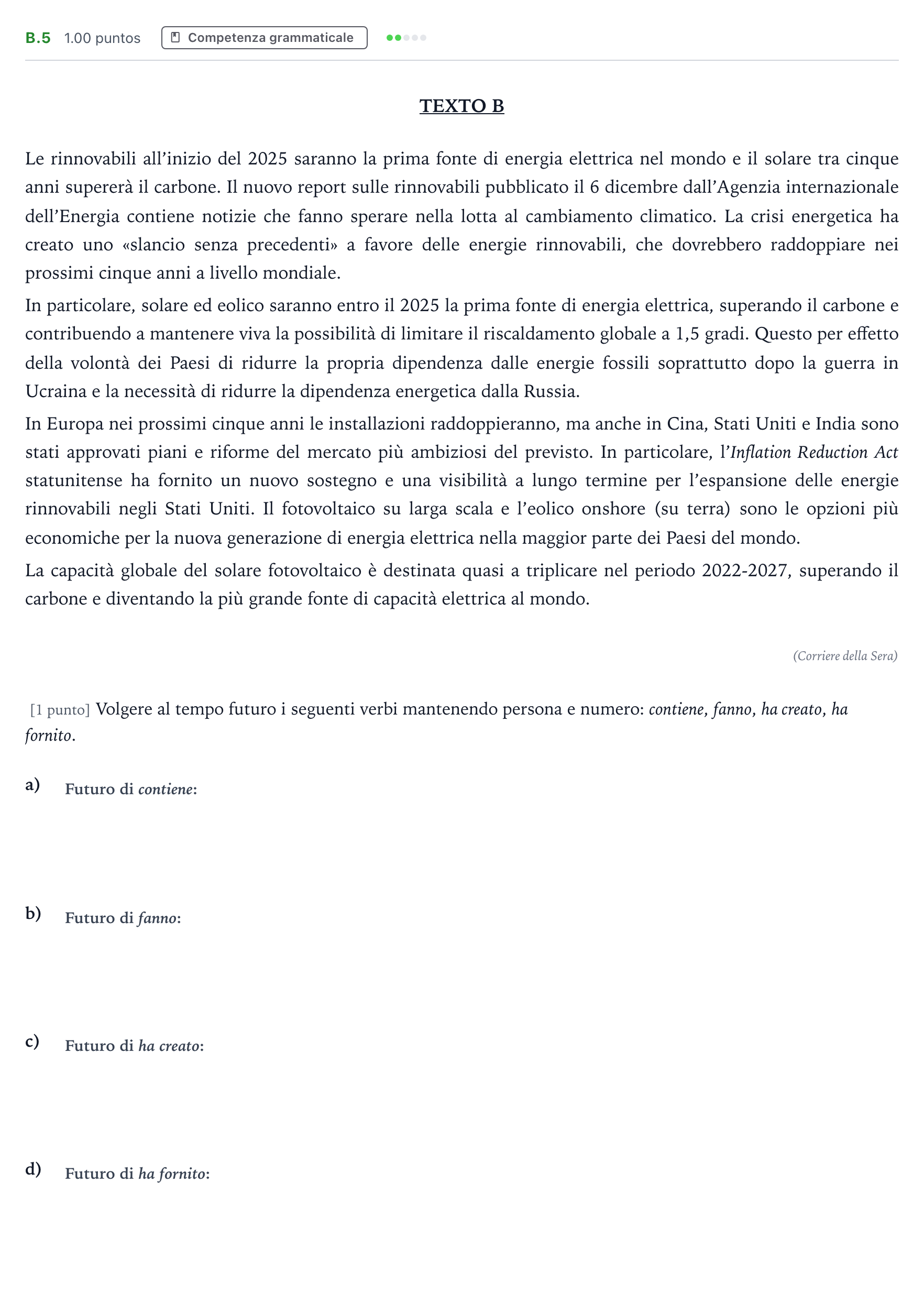 Enunciado: Ejercicio B.5 · Italiano PAU Madrid Modelo 2024