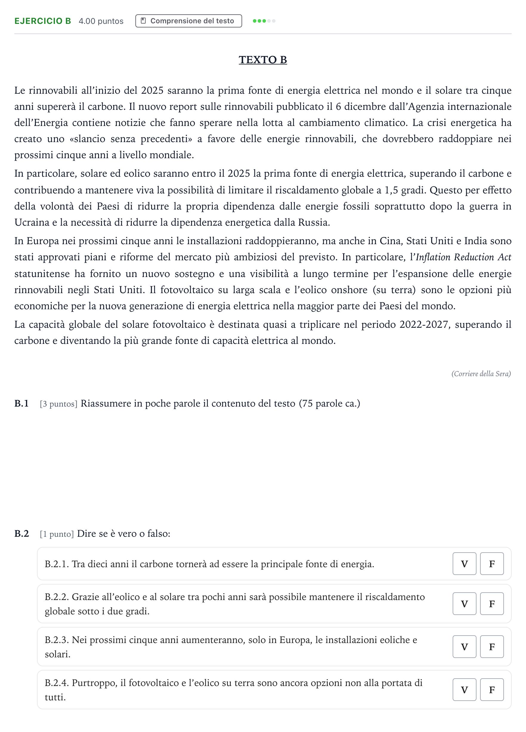 Enunciado: Ejercicio B · Italiano PAU Madrid Modelo 2024