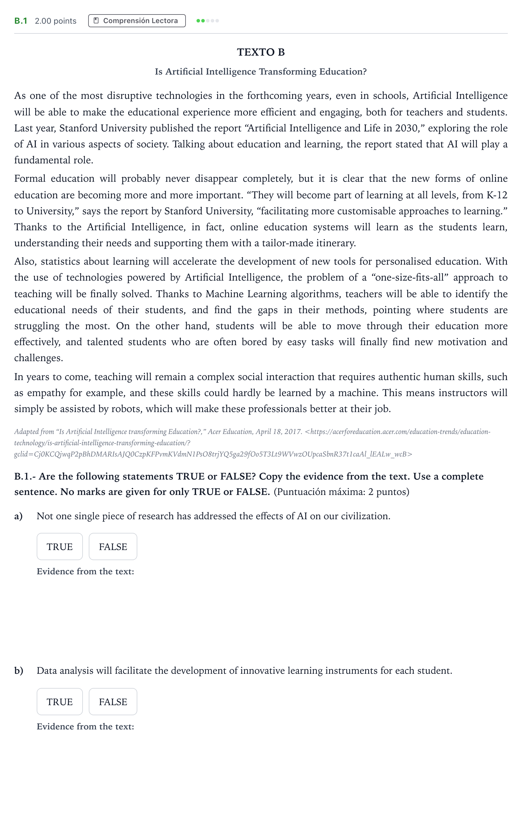Enunciado: Ejercicio B.1 · Inglés PAU Madrid Ordinaria Lunes 2024