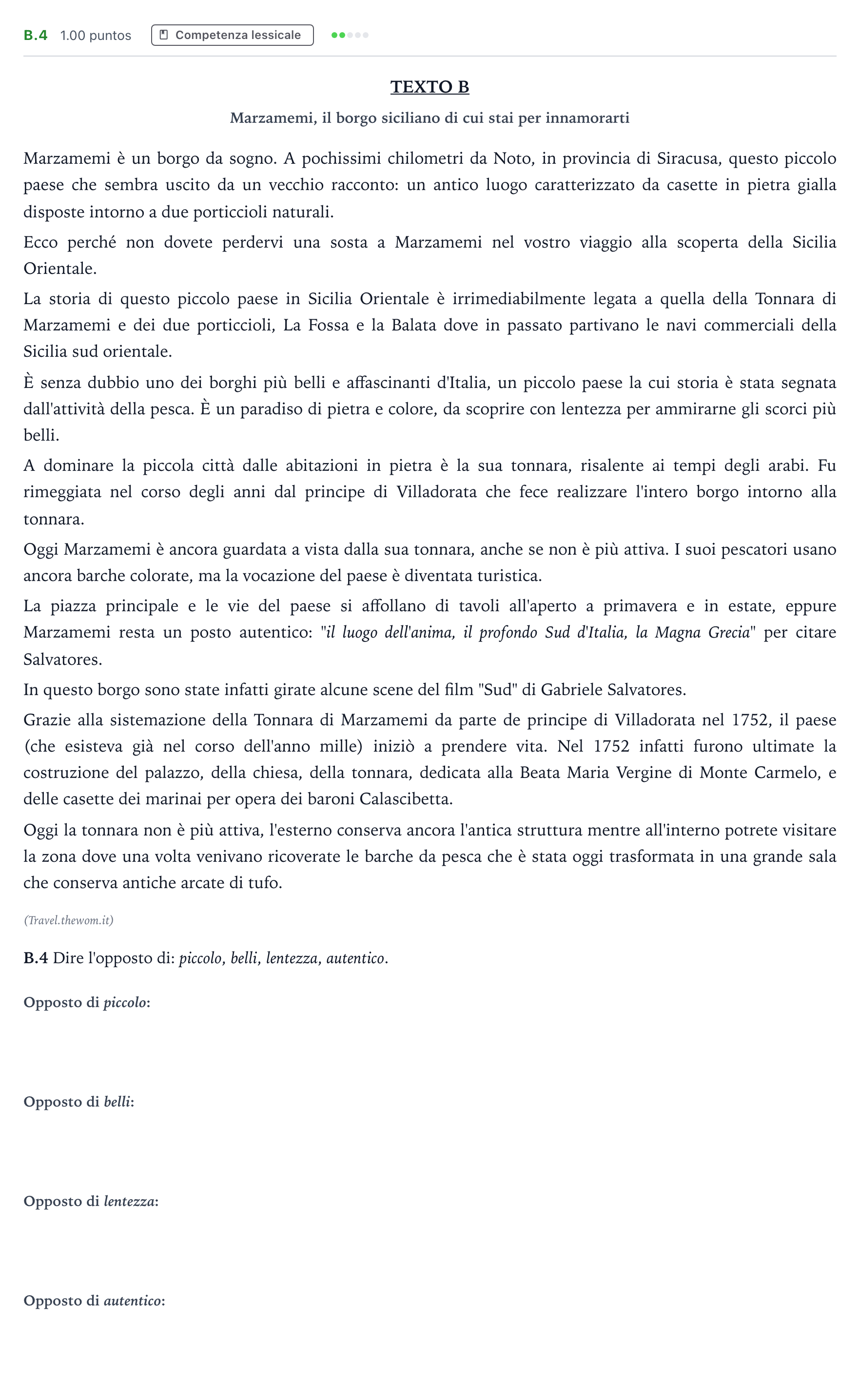 Enunciado: Ejercicio B.4 · Italiano PAU Madrid Ordinaria 2024