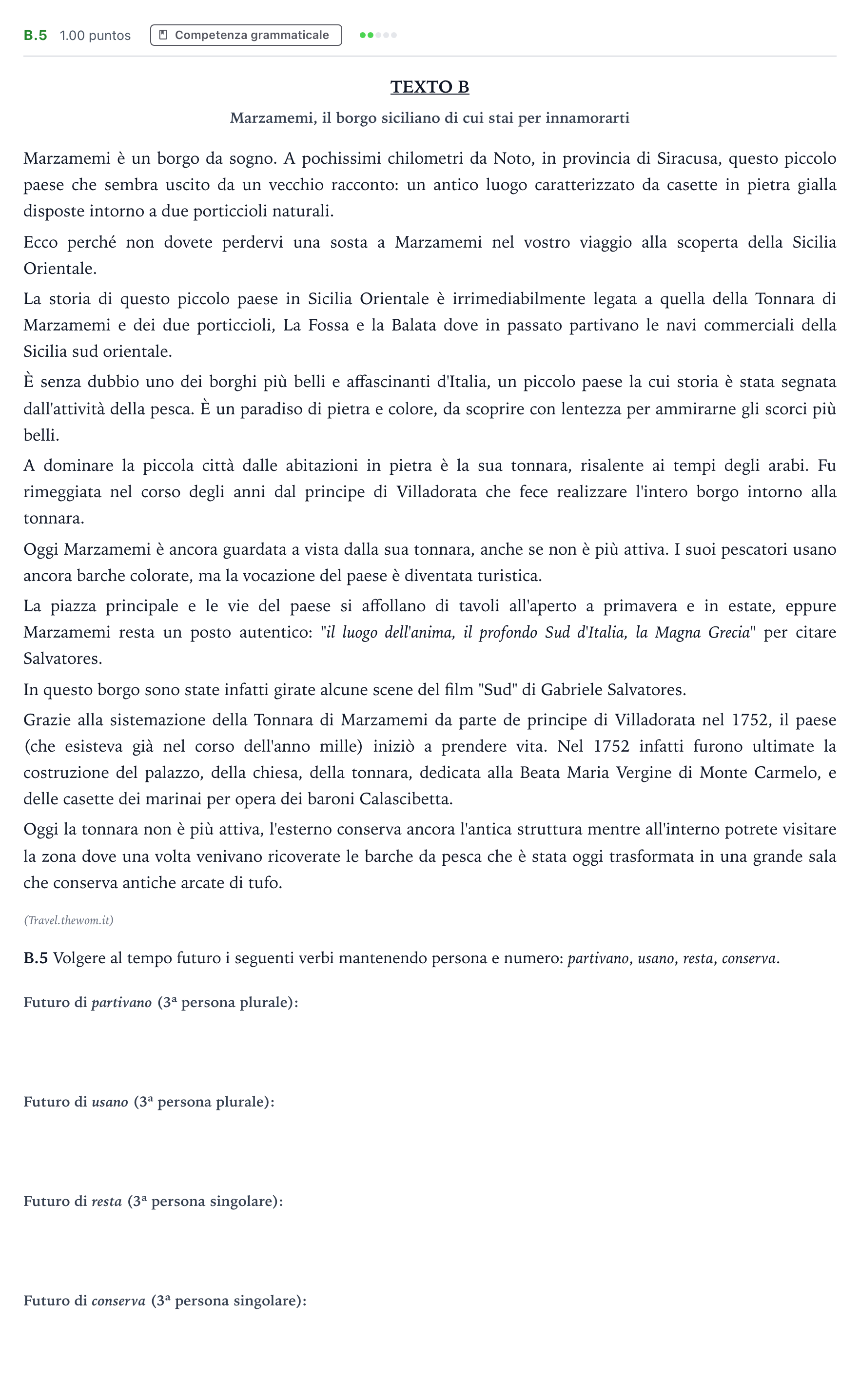 Enunciado: Ejercicio B.5 · Italiano PAU Madrid Ordinaria 2024
