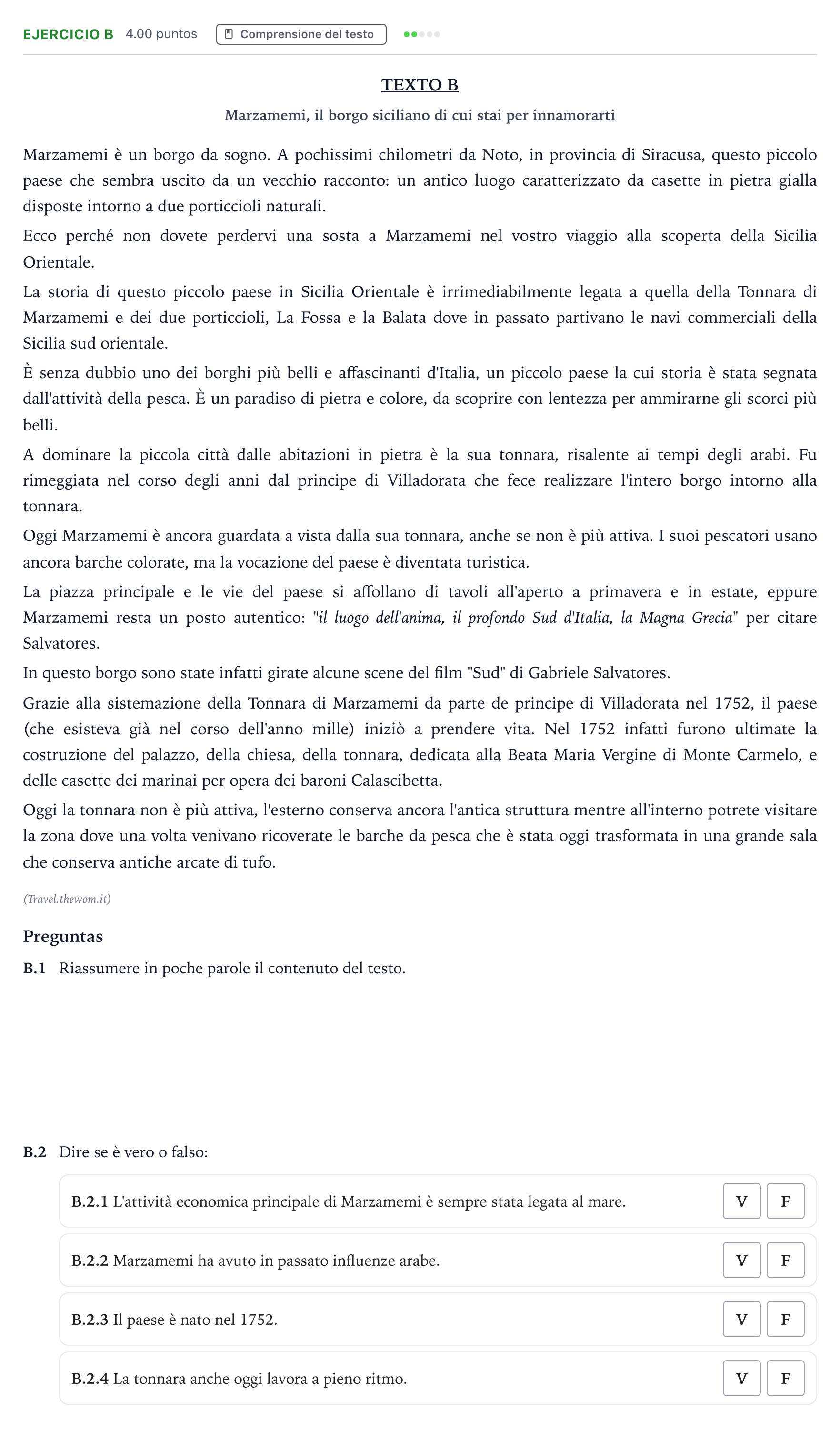 Enunciado: Ejercicio B · Italiano PAU Madrid Ordinaria 2024