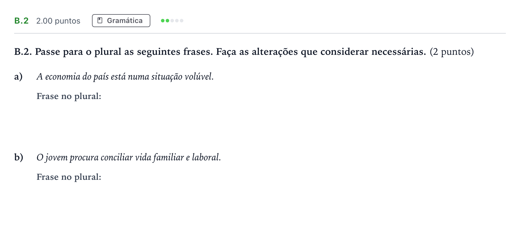Enunciado: Ejercicio B.2 · Portugués PAU Madrid Modelo 2024