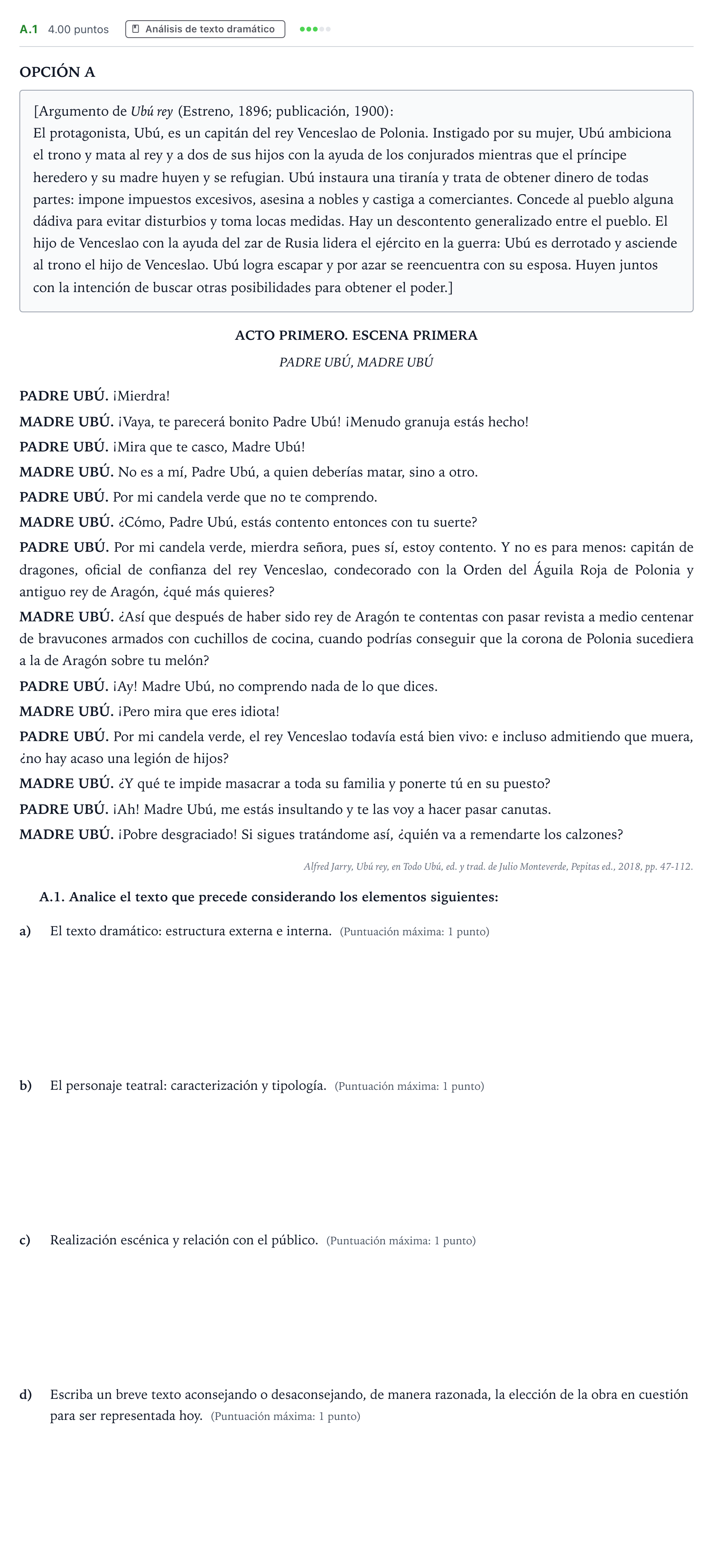 Enunciado: Ejercicio A.1 · Literatura Dramática PAU Madrid Modelo 2024