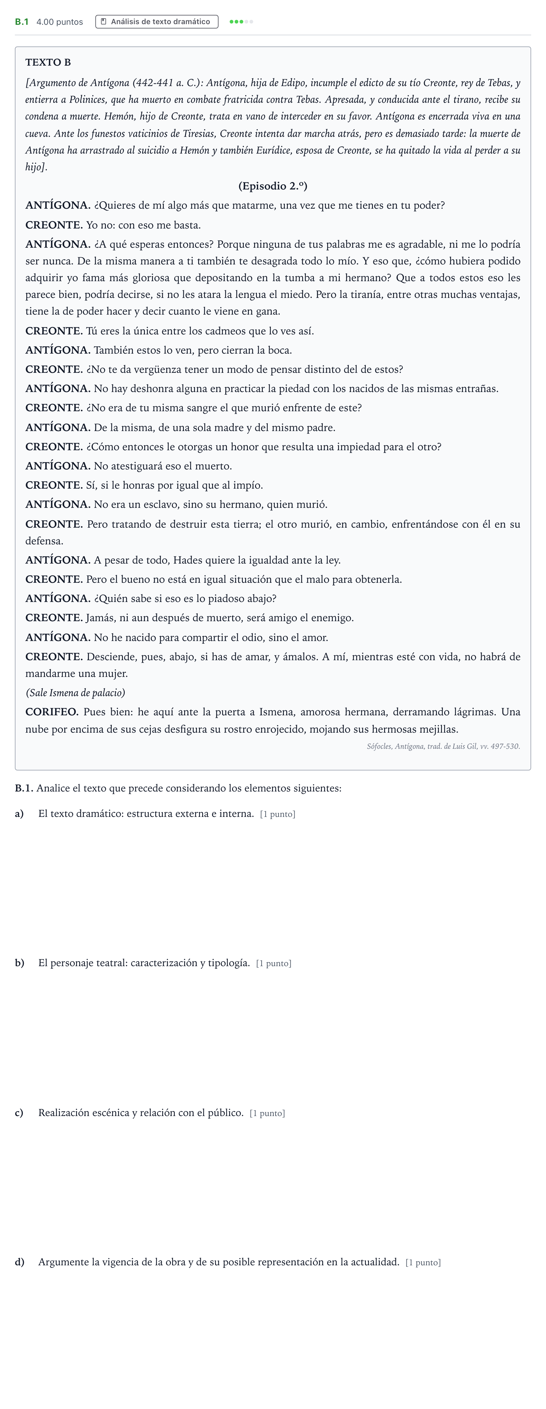 Enunciado: Ejercicio B.1 · Literatura Dramática PAU Madrid Ordinaria 2024