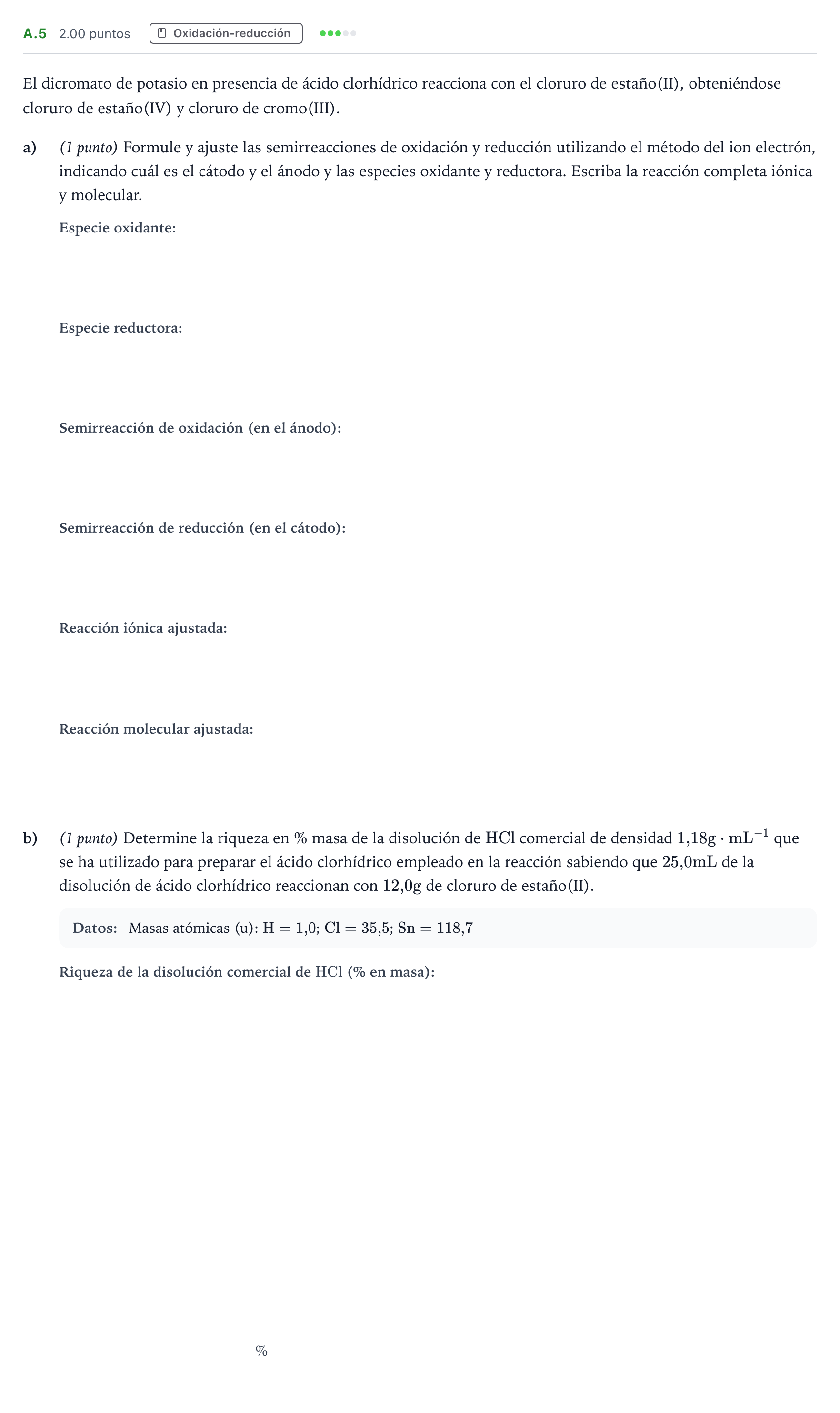 Enunciado: Ejercicio A.5 · Química PAU Madrid Modelo 2024
